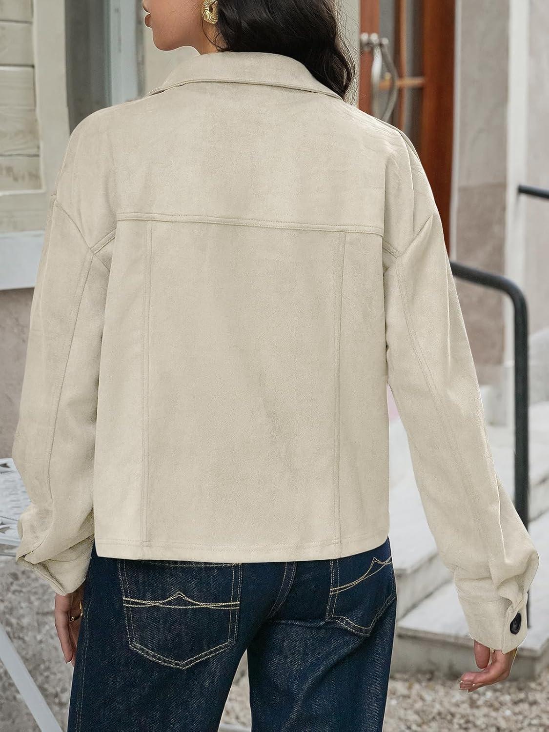 imageTankaneo Womens Cropped Faux Suede Jackets Lapel Collar Button Down Short Coats Fall Winter Vintage Trendy ShacketsBeige