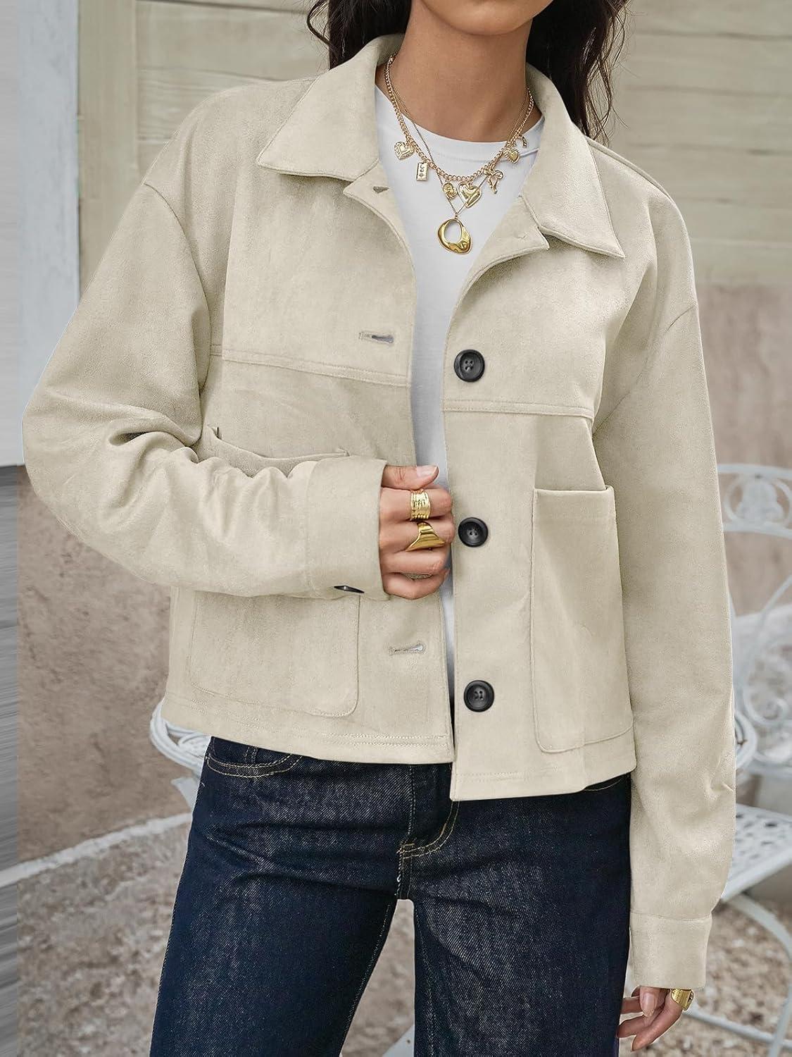 imageTankaneo Womens Cropped Faux Suede Jackets Lapel Collar Button Down Short Coats Fall Winter Vintage Trendy ShacketsBeige