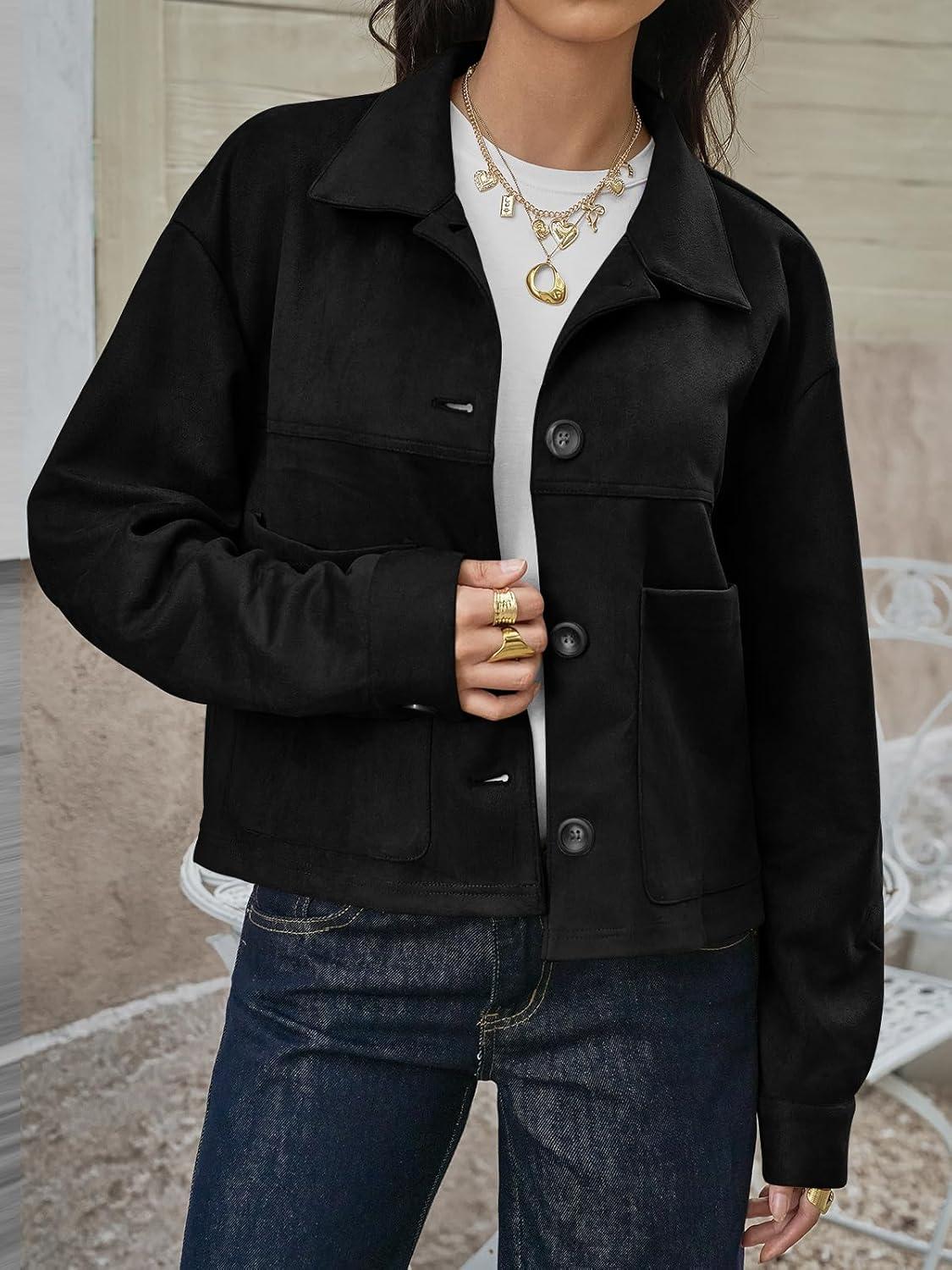 imageTankaneo Womens Cropped Faux Suede Jackets Lapel Collar Button Down Short Coats Fall Winter Vintage Trendy ShacketsBlack