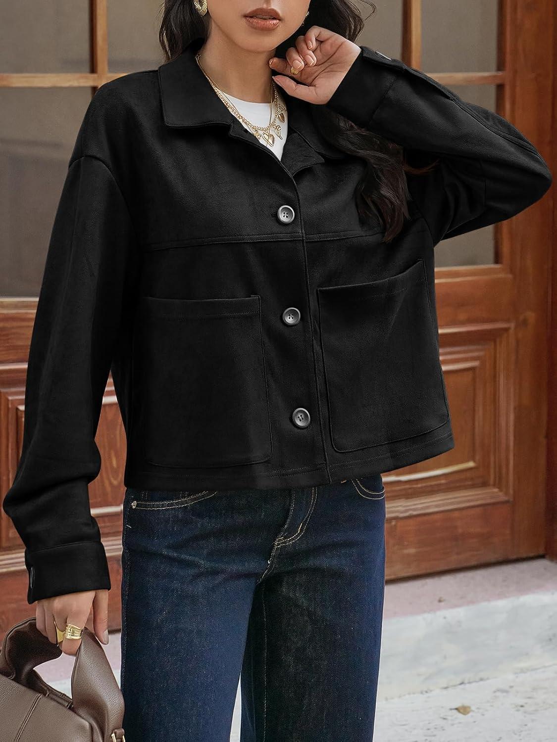 imageTankaneo Womens Cropped Faux Suede Jackets Lapel Collar Button Down Short Coats Fall Winter Vintage Trendy ShacketsBlack