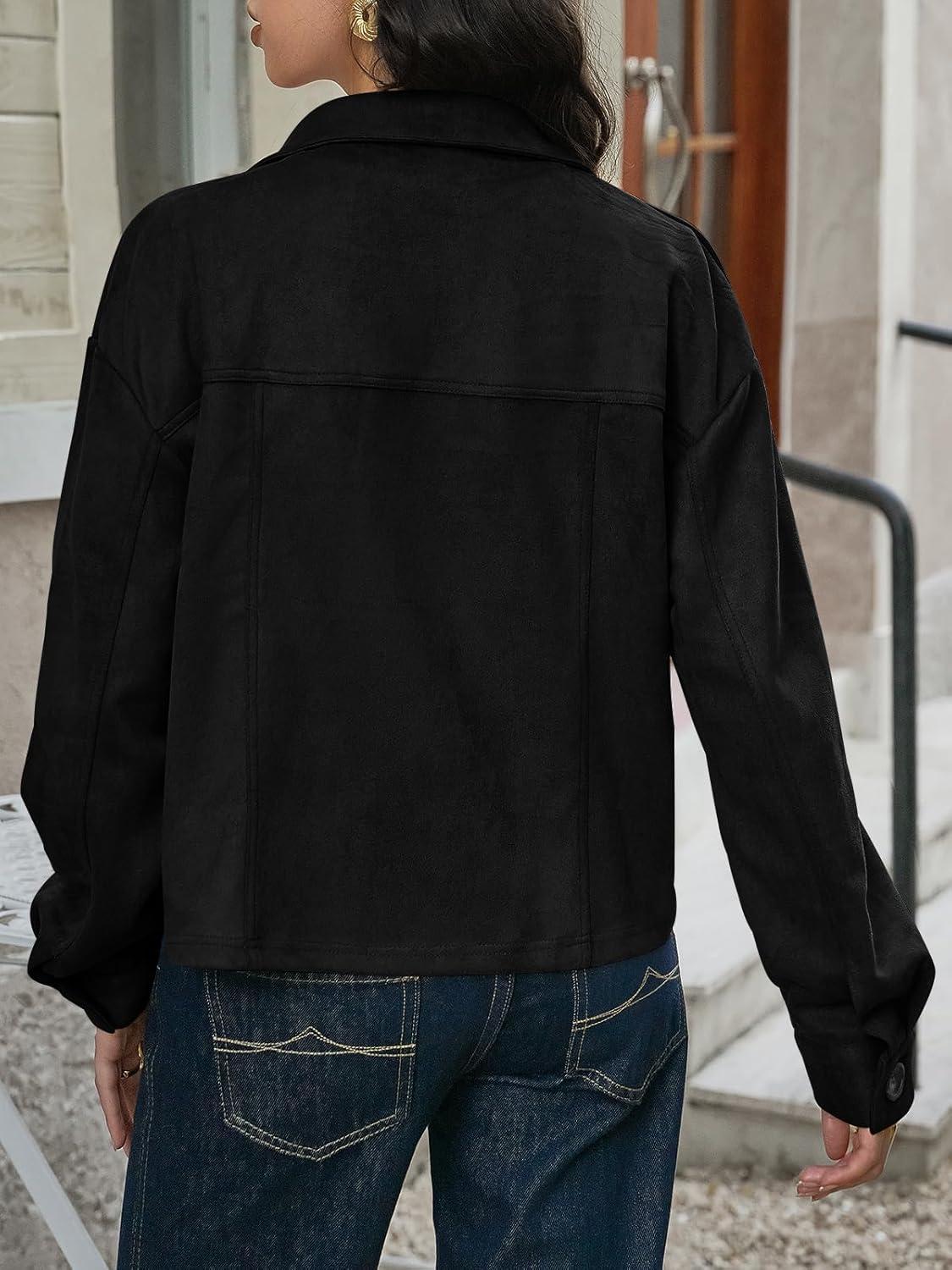 imageTankaneo Womens Cropped Faux Suede Jackets Lapel Collar Button Down Short Coats Fall Winter Vintage Trendy ShacketsBlack