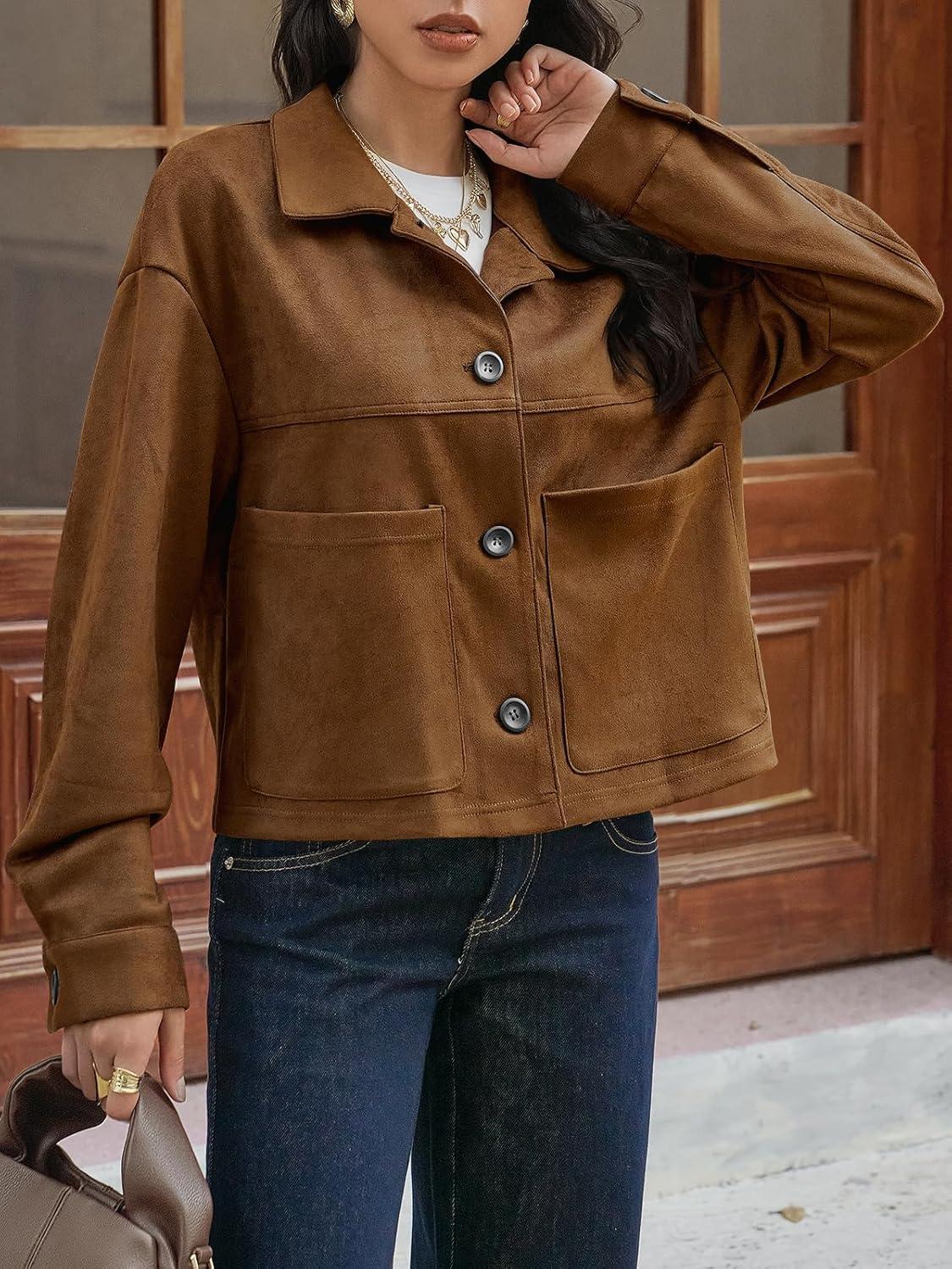 imageTankaneo Womens Cropped Faux Suede Jackets Lapel Collar Button Down Short Coats Fall Winter Vintage Trendy ShacketsBrown