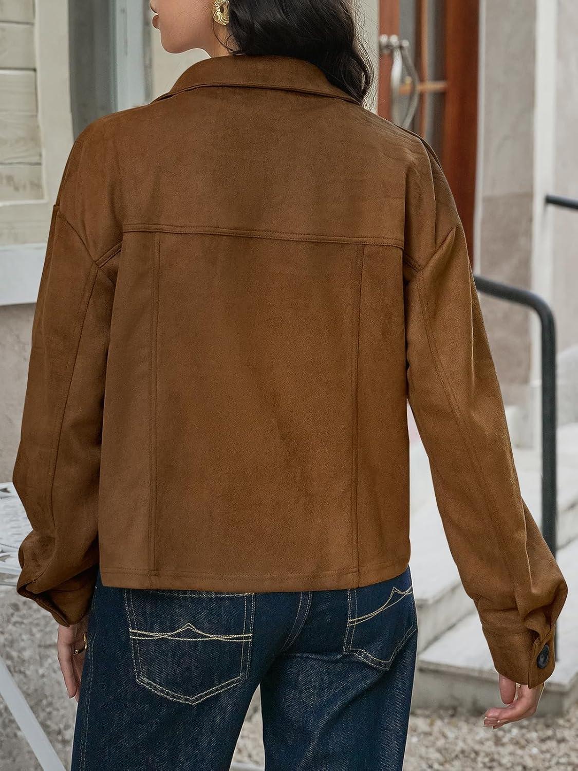 imageTankaneo Womens Cropped Faux Suede Jackets Lapel Collar Button Down Short Coats Fall Winter Vintage Trendy ShacketsBrown