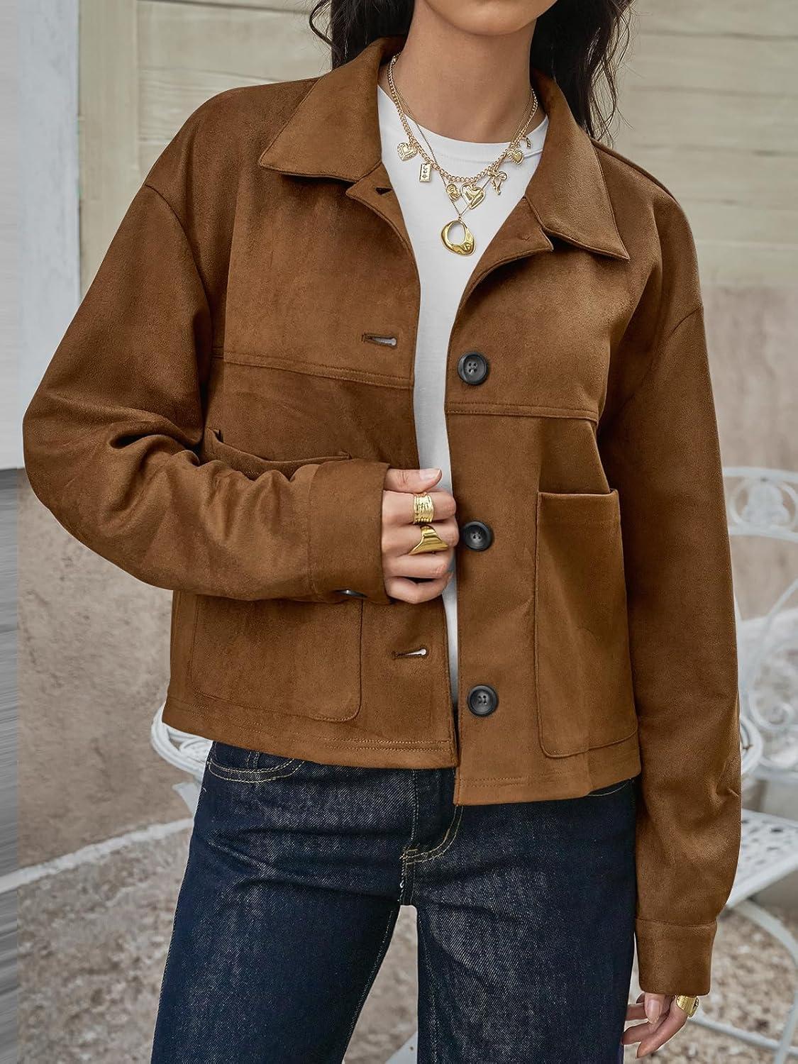 imageTankaneo Womens Cropped Faux Suede Jackets Lapel Collar Button Down Short Coats Fall Winter Vintage Trendy ShacketsBrown