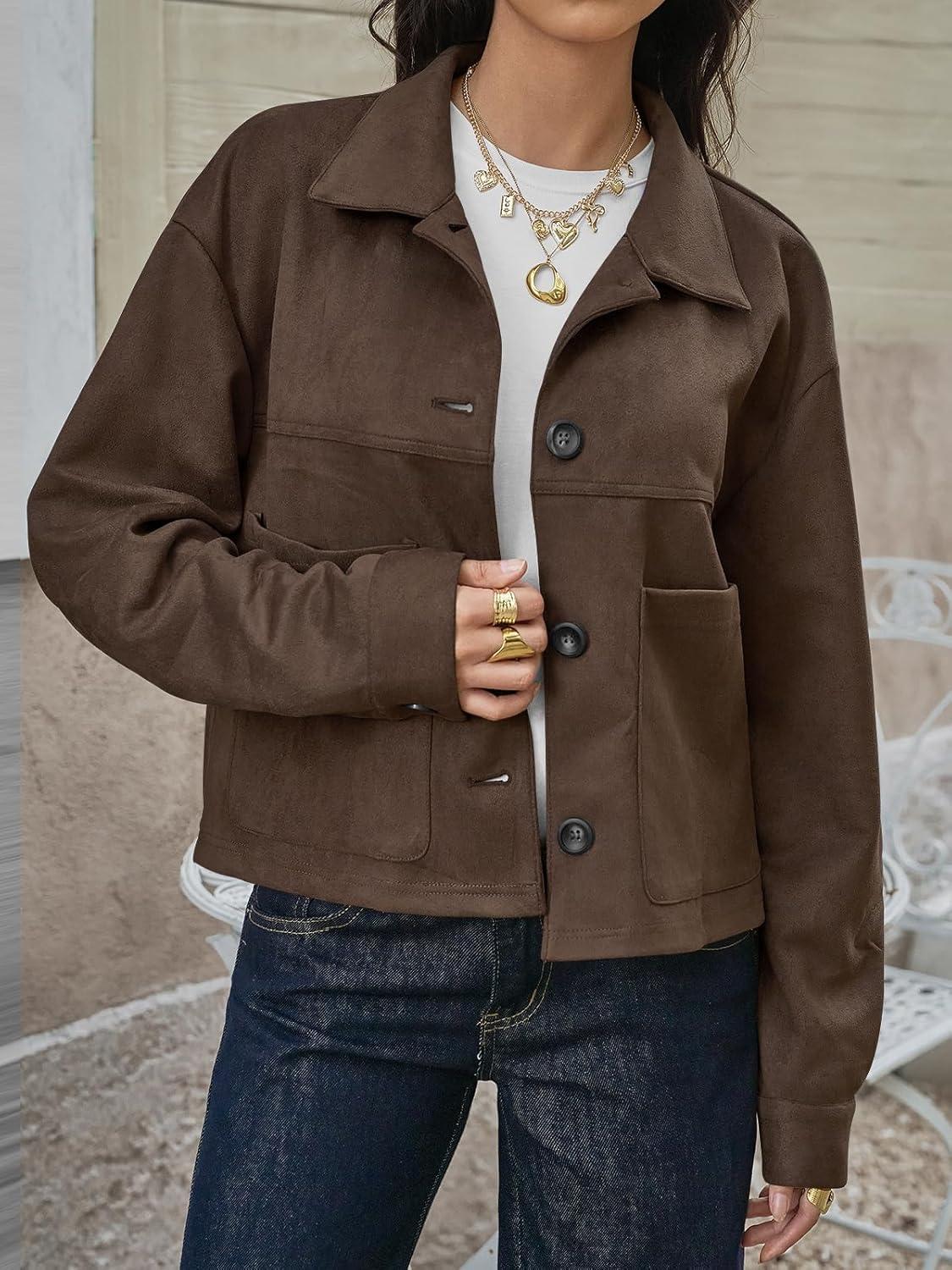 imageTankaneo Womens Cropped Faux Suede Jackets Lapel Collar Button Down Short Coats Fall Winter Vintage Trendy ShacketsCoffee