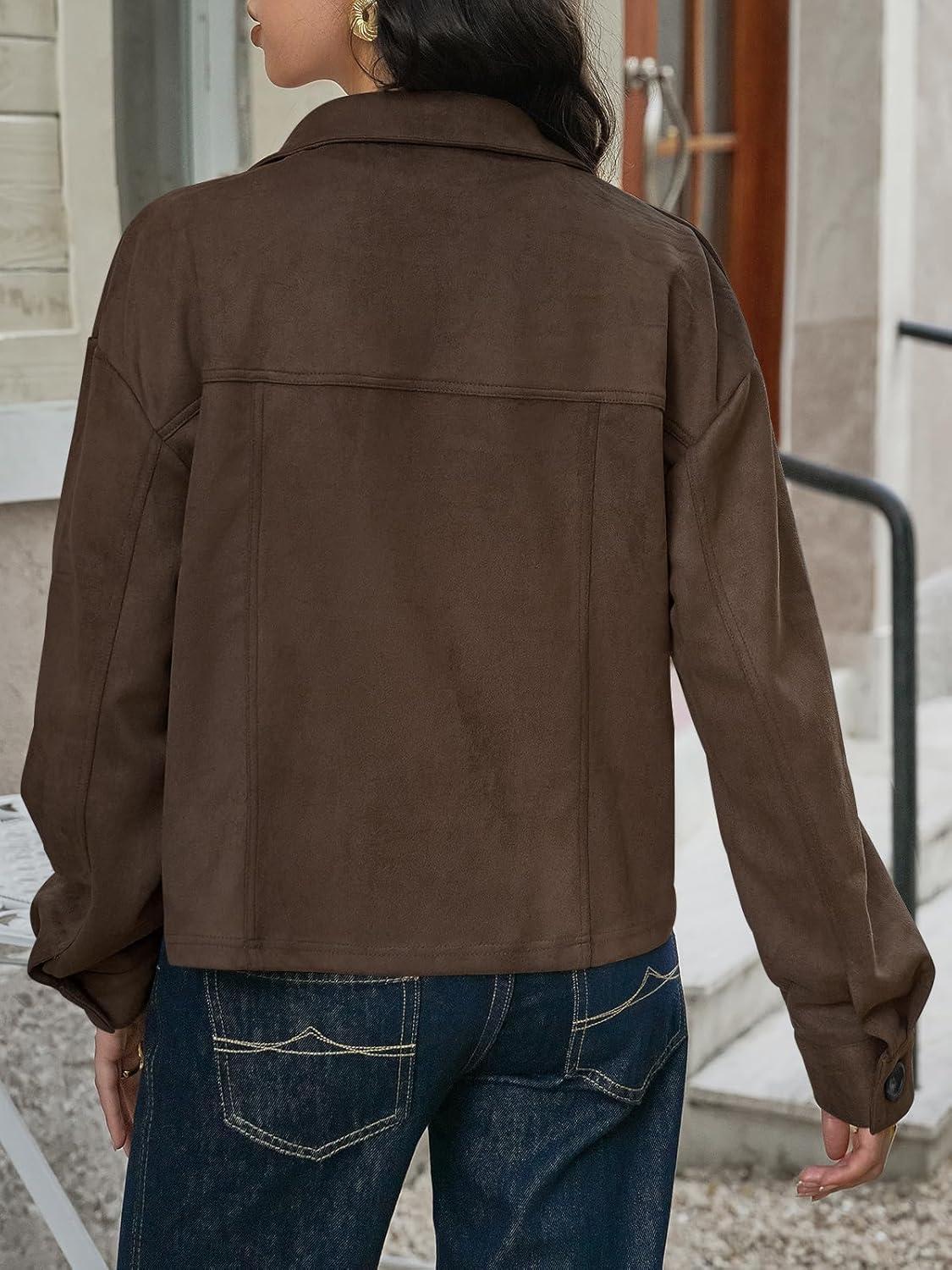 imageTankaneo Womens Cropped Faux Suede Jackets Lapel Collar Button Down Short Coats Fall Winter Vintage Trendy ShacketsCoffee