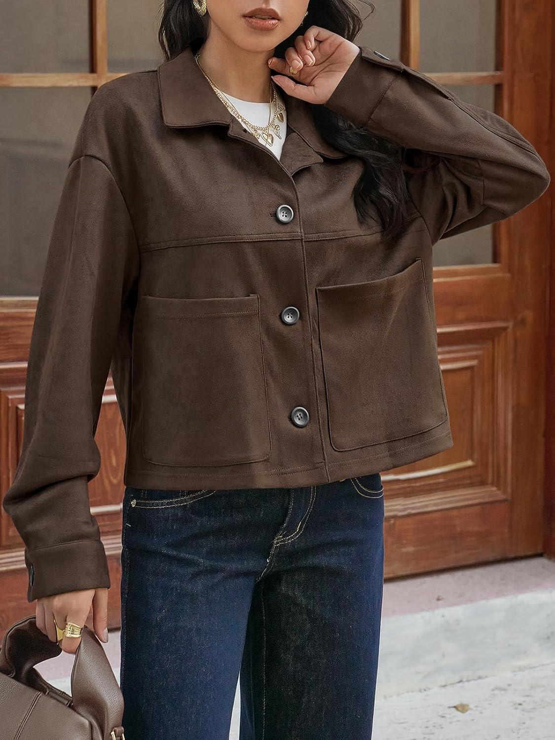 imageTankaneo Womens Cropped Faux Suede Jackets Lapel Collar Button Down Short Coats Fall Winter Vintage Trendy ShacketsCoffee