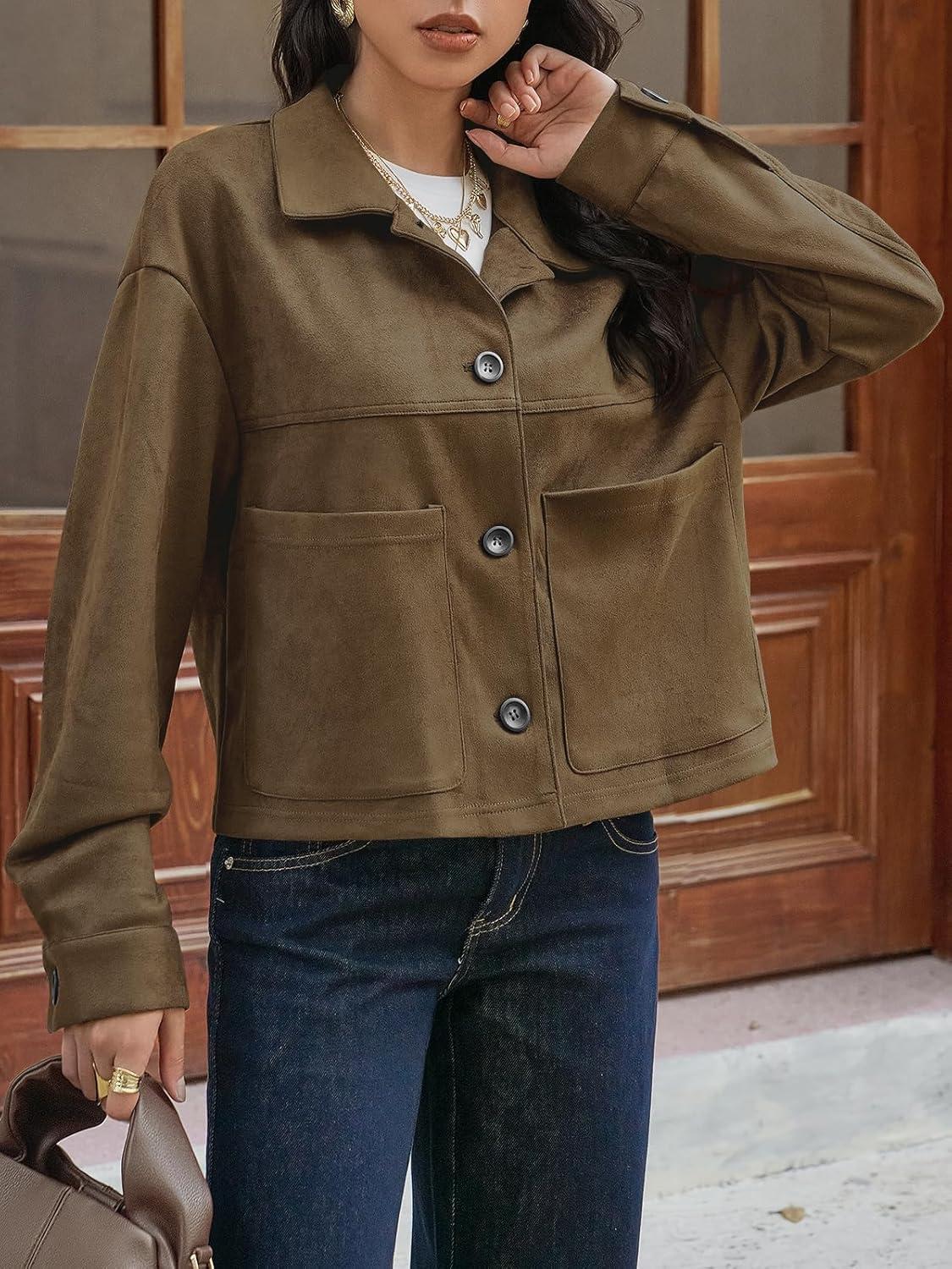 imageTankaneo Womens Cropped Faux Suede Jackets Lapel Collar Button Down Short Coats Fall Winter Vintage Trendy ShacketsDark Brown