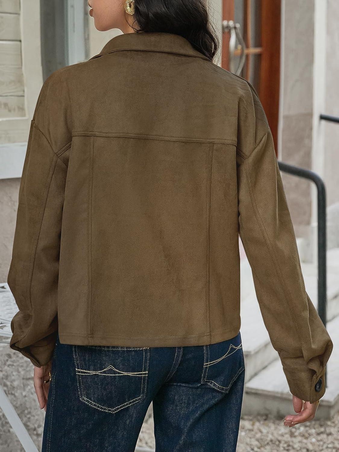 imageTankaneo Womens Cropped Faux Suede Jackets Lapel Collar Button Down Short Coats Fall Winter Vintage Trendy ShacketsDark Brown