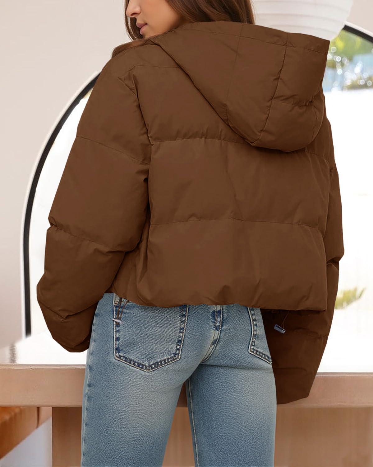 imageTankaneo Womens Cropped Puffer Jacket Casual Winter Hoodie Baggy Short Down Coats with PocketsCoffee