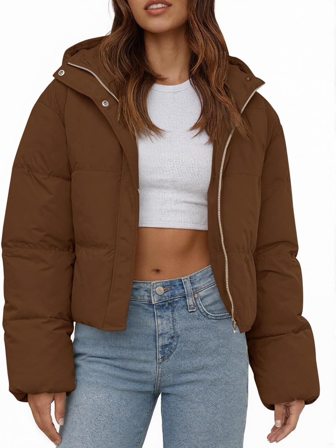 imageTankaneo Womens Cropped Puffer Jacket Casual Winter Hoodie Baggy Short Down Coats with PocketsCoffee