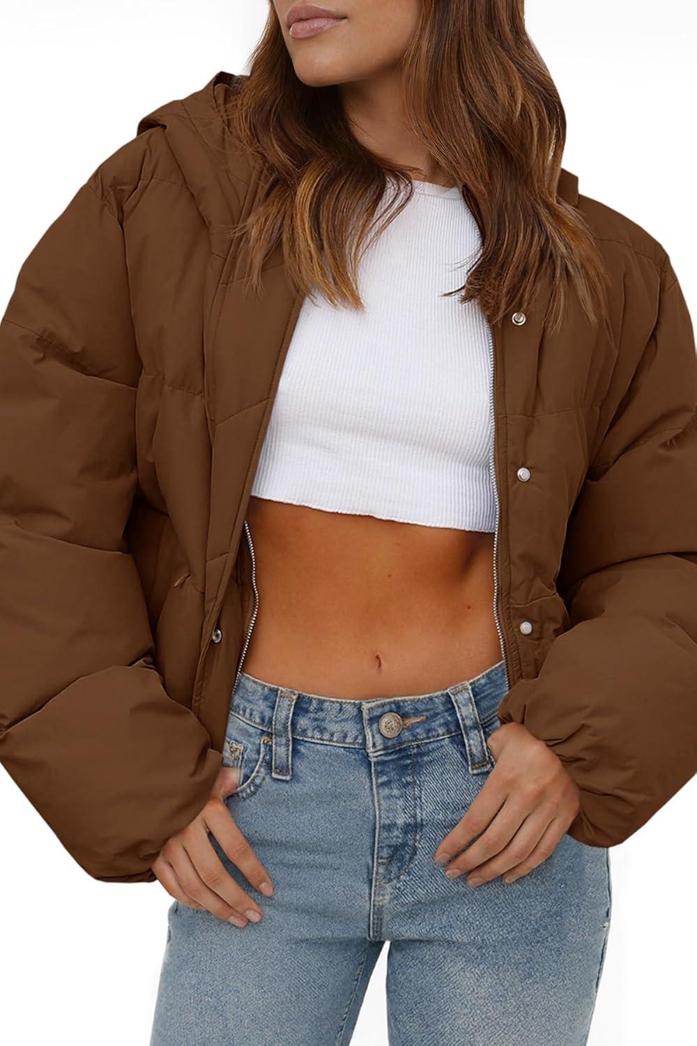 imageTankaneo Womens Cropped Puffer Jacket Casual Winter Hoodie Baggy Short Down Coats with PocketsDark Khaki