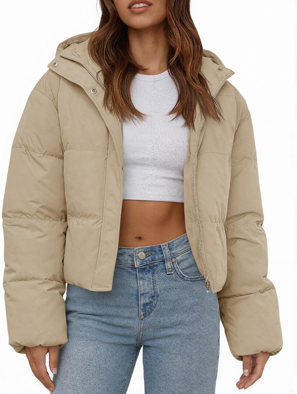 imageTankaneo Womens Cropped Puffer Jacket Casual Winter Hoodie Baggy Short Down Coats with PocketsDark Khaki