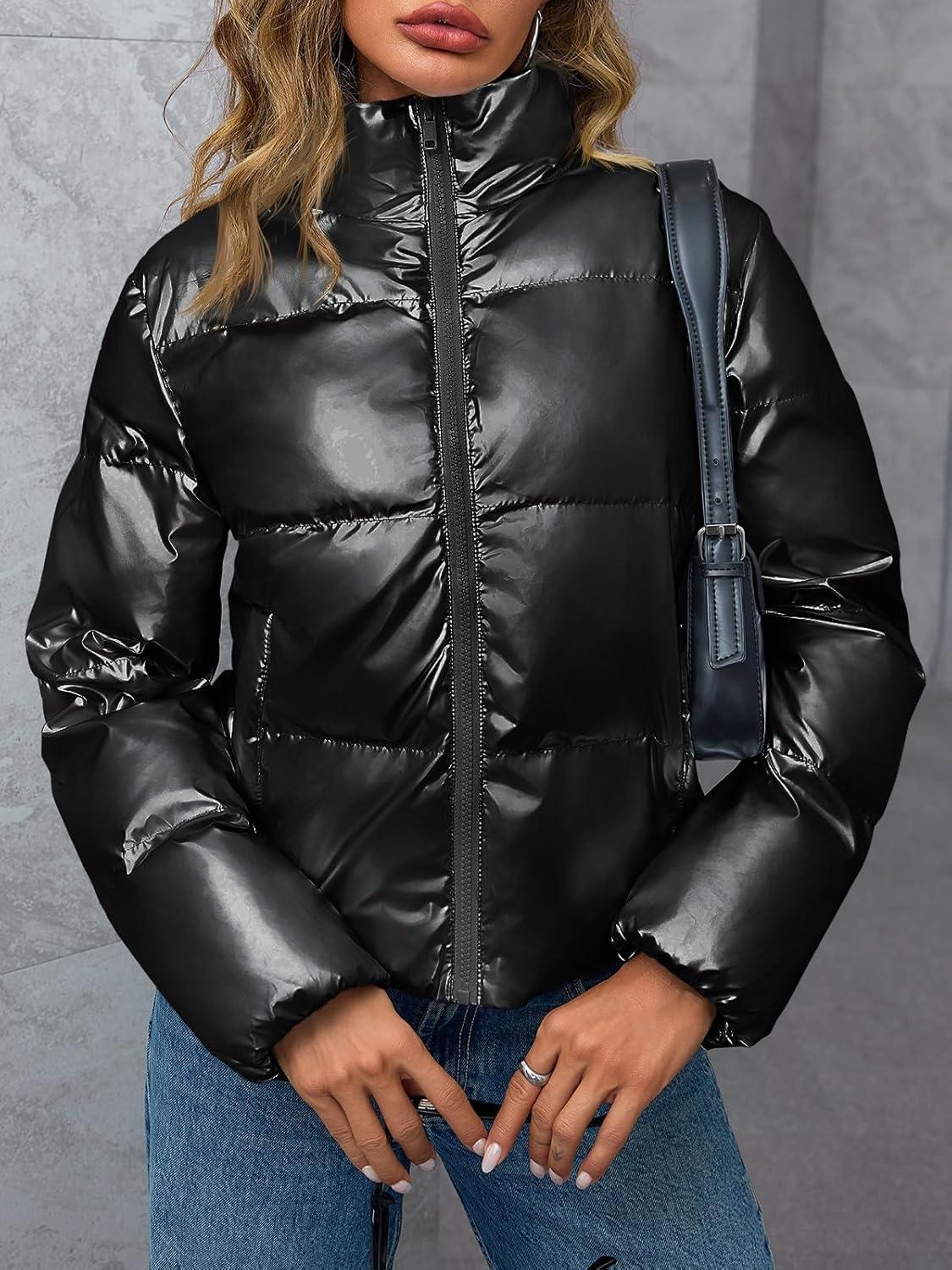 imageTankaneo Womens Cropped Shiny Puffer Jacket Lightweight Quilted Stand Collar Winter Warm Down CoatBlack