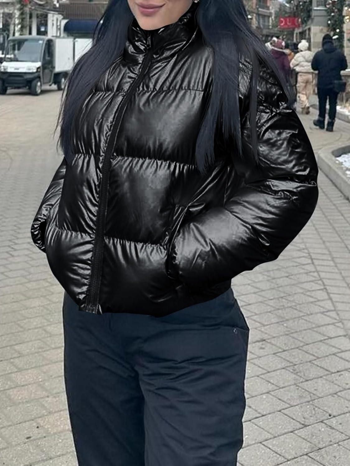 imageTankaneo Womens Cropped Shiny Puffer Jacket Lightweight Quilted Stand Collar Winter Warm Down CoatBlack