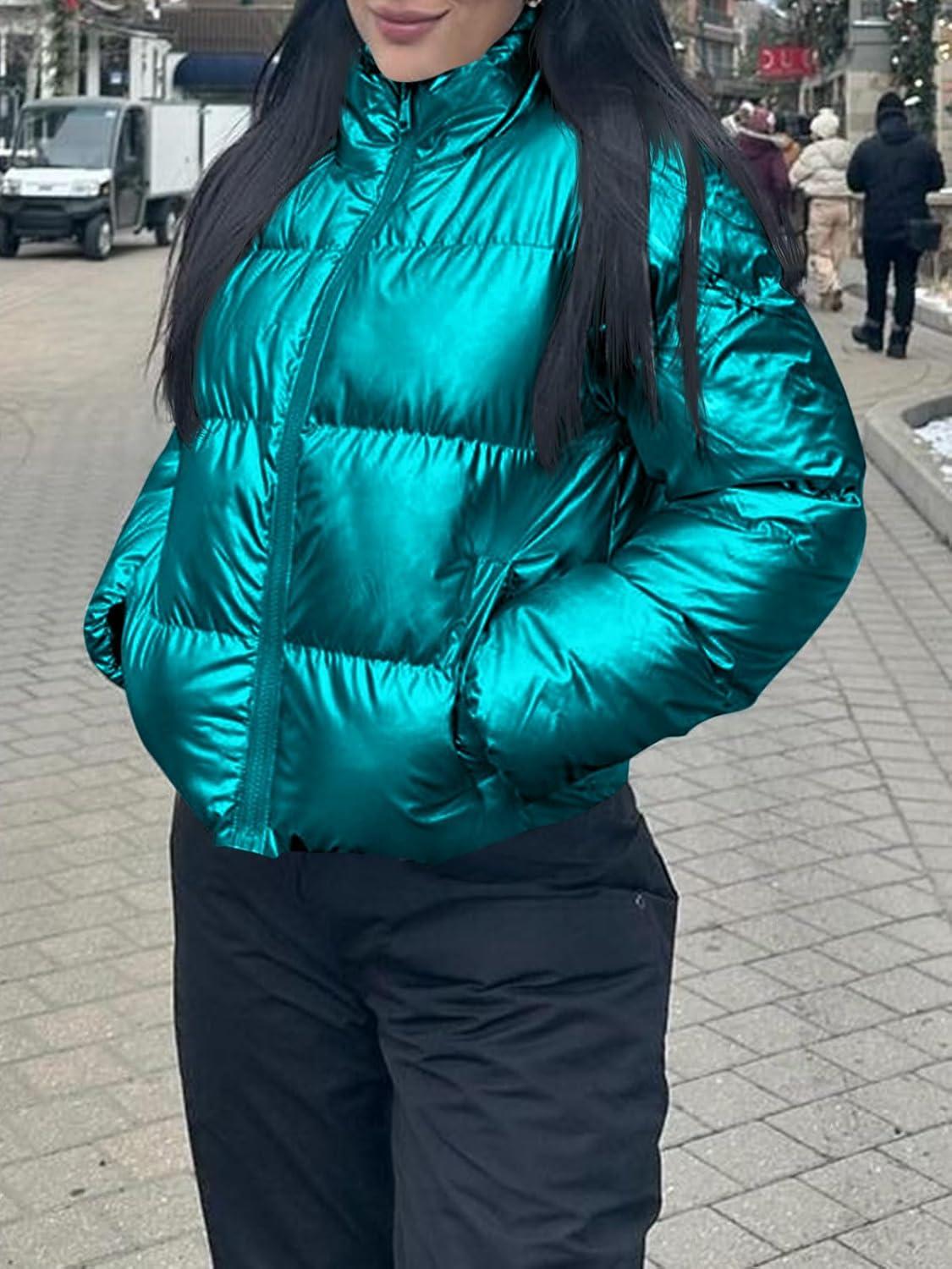 imageTankaneo Womens Cropped Shiny Puffer Jacket Lightweight Quilted Stand Collar Winter Warm Down CoatBluegreen