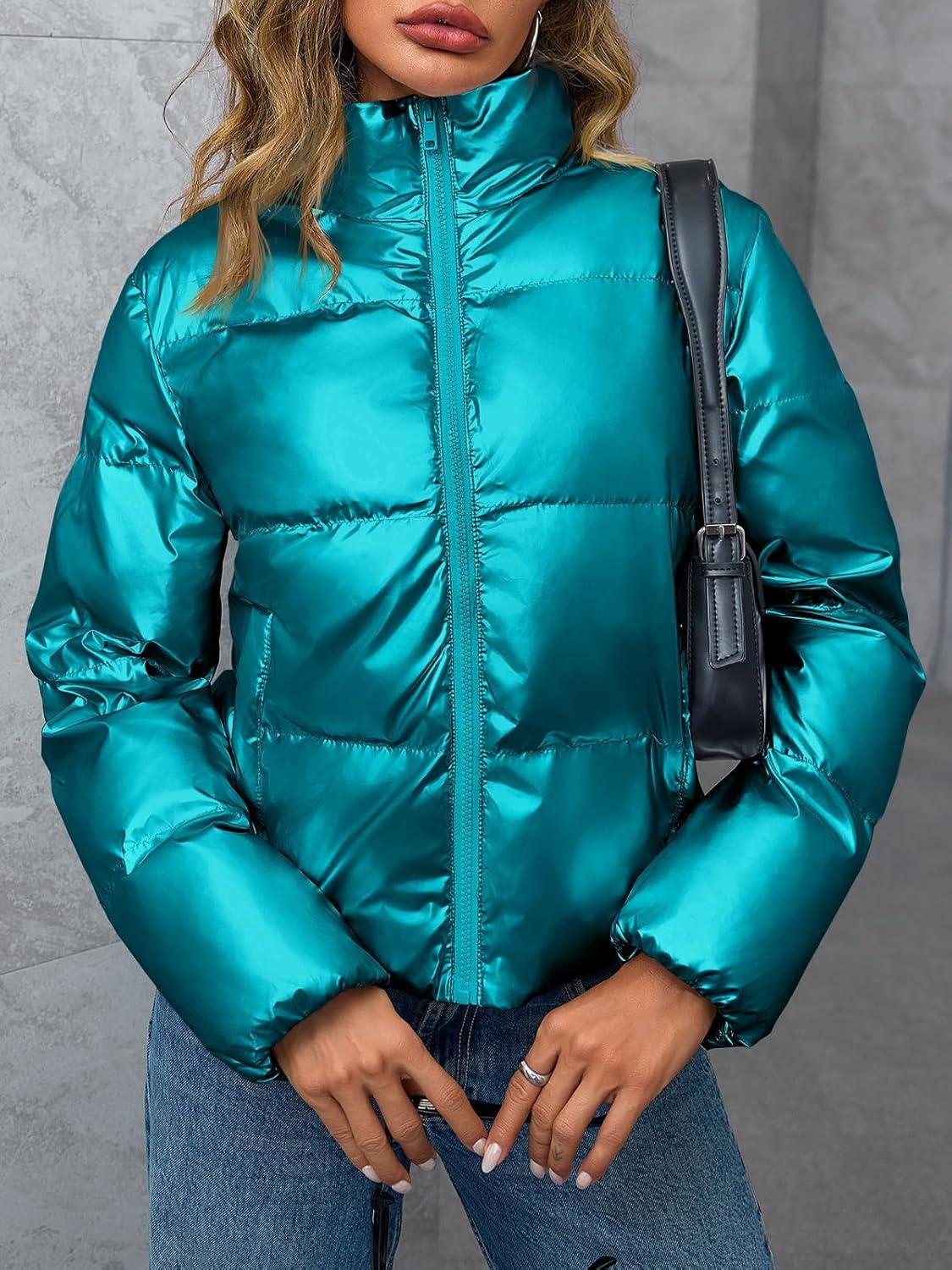 imageTankaneo Womens Cropped Shiny Puffer Jacket Lightweight Quilted Stand Collar Winter Warm Down CoatBluegreen