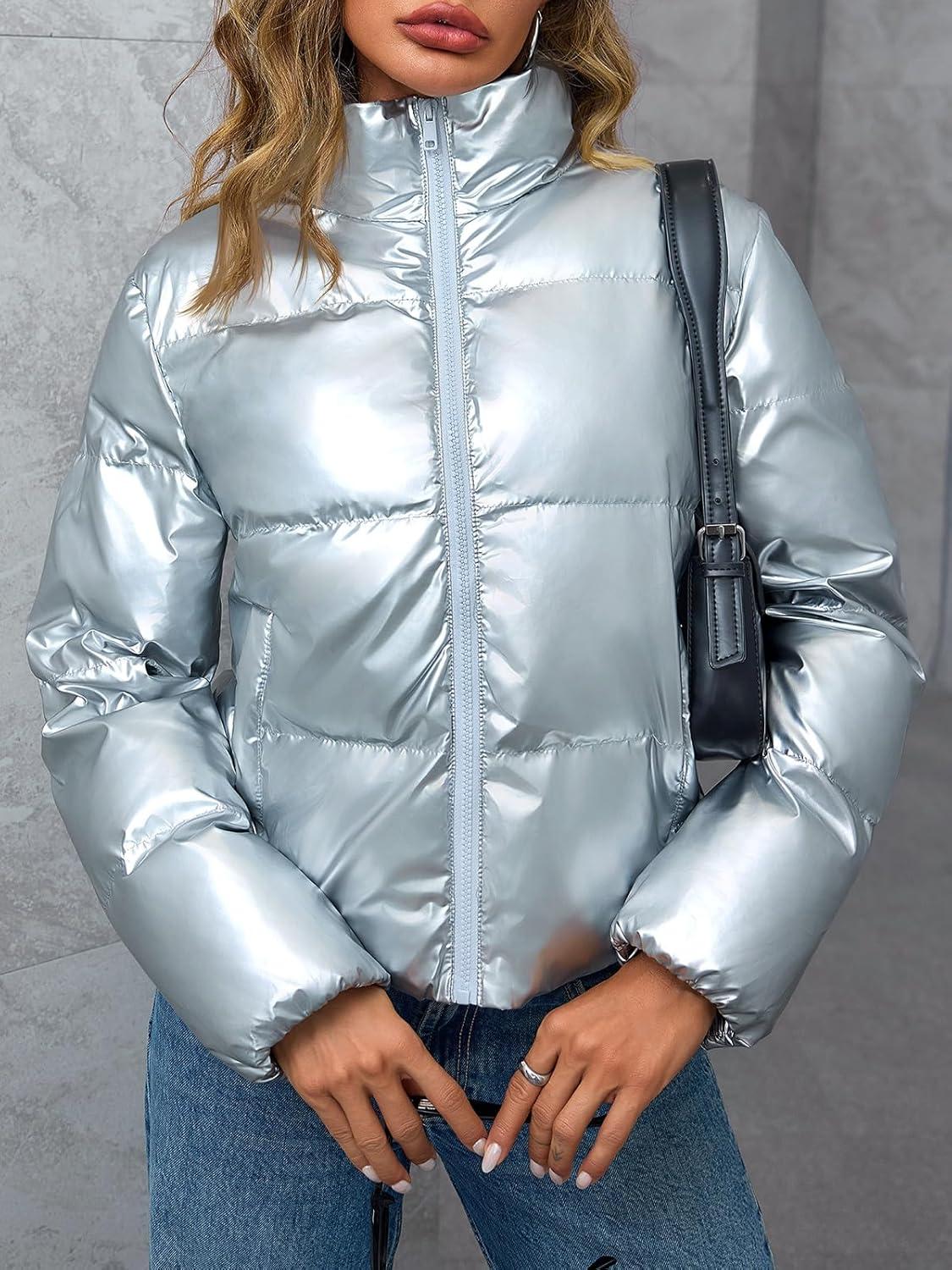 imageTankaneo Womens Cropped Shiny Puffer Jacket Lightweight Quilted Stand Collar Winter Warm Down CoatSilver