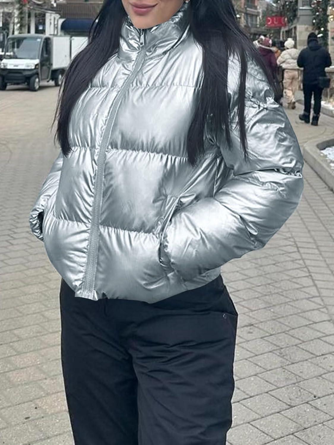 imageTankaneo Womens Cropped Shiny Puffer Jacket Lightweight Quilted Stand Collar Winter Warm Down CoatSilver