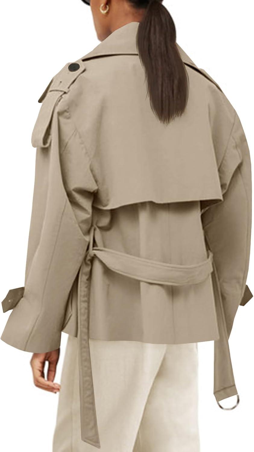imageTankaneo Womens Cropped Trench Coat Casual Double Breasted Short Jacket Fall Fashion Outerwear with BeltLight Khaki