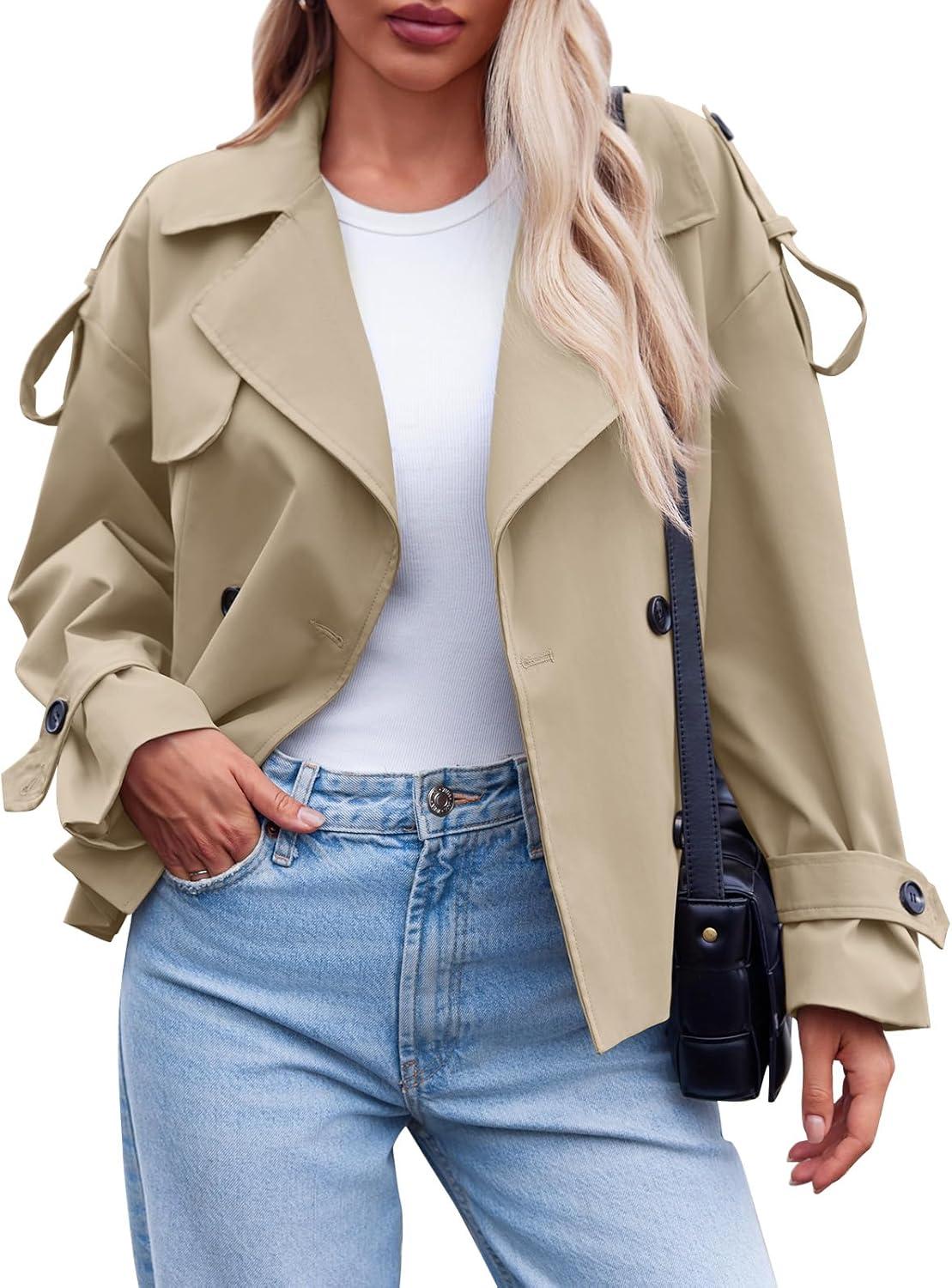 imageTankaneo Womens Cropped Trench Coat Casual Double Breasted Short Jacket Fall Fashion Outerwear with BeltLight Khaki