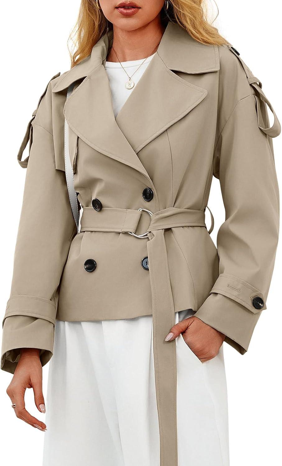 imageTankaneo Womens Cropped Trench Coat Casual Double Breasted Short Jacket Fall Fashion Outerwear with BeltLight Khaki