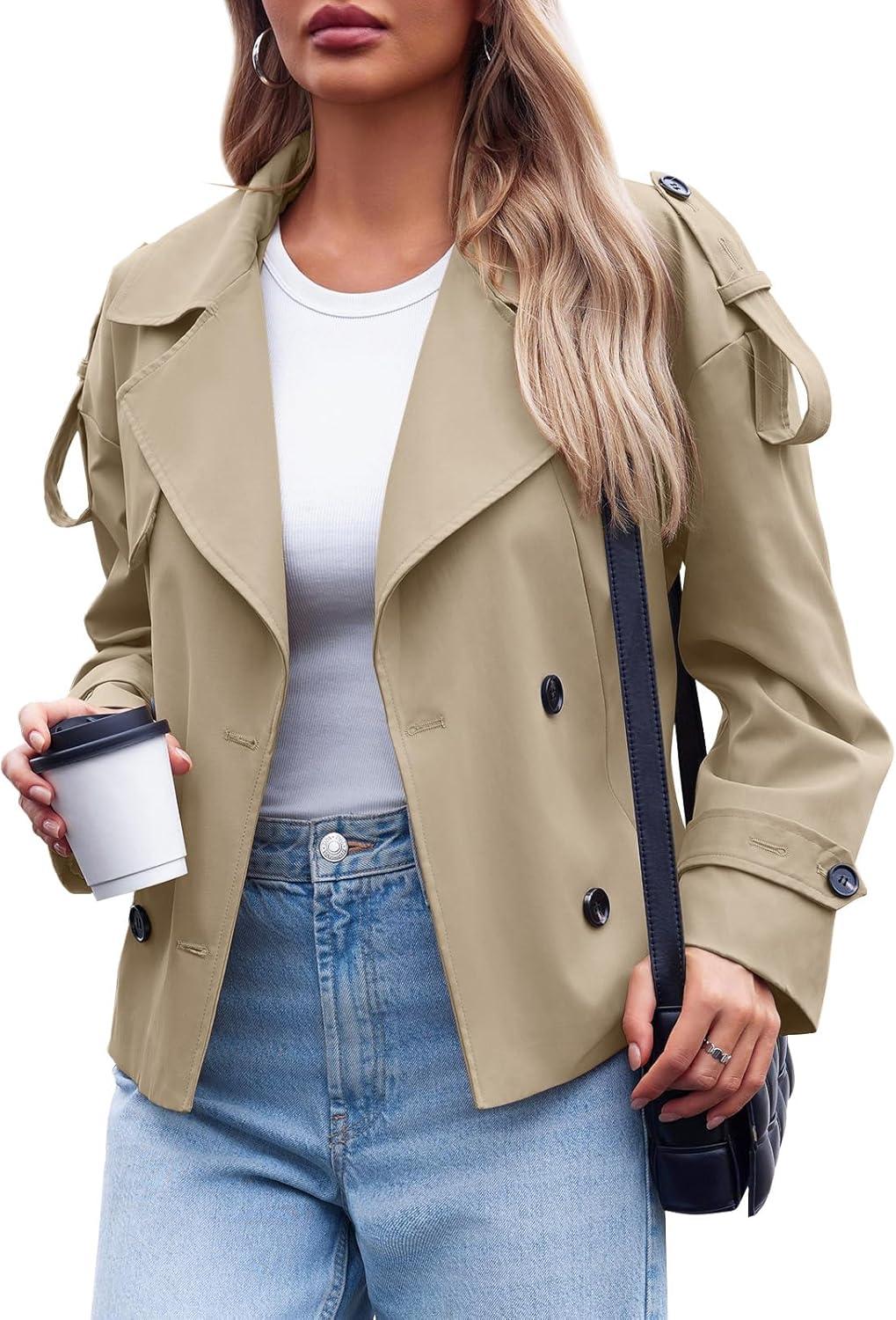 imageTankaneo Womens Cropped Trench Coat Casual Double Breasted Short Jacket Fall Fashion Outerwear with BeltLight Khaki