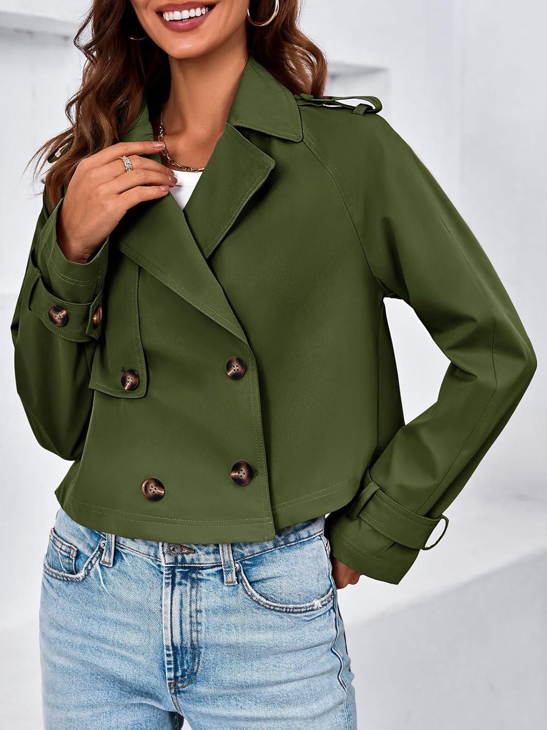 imageTankaneo Womens Cropped Trench Coat Lapel Double Breasted Short Jacket OutwearArmy Green