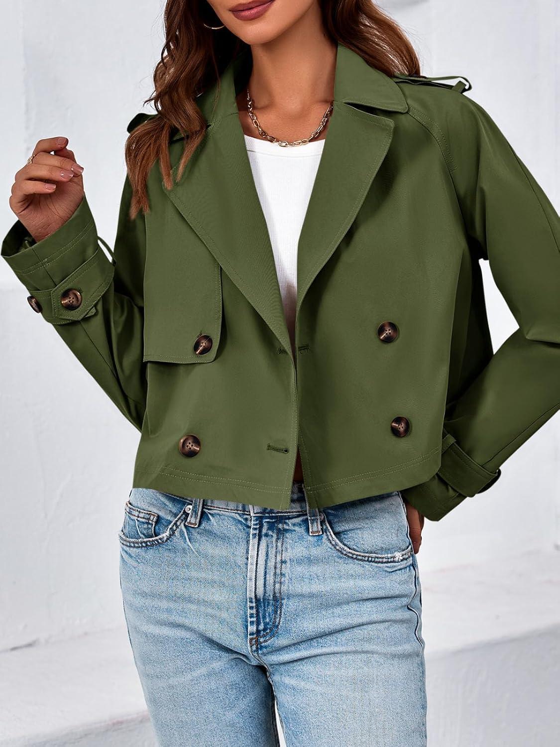 imageTankaneo Womens Cropped Trench Coat Lapel Double Breasted Short Jacket OutwearArmy Green