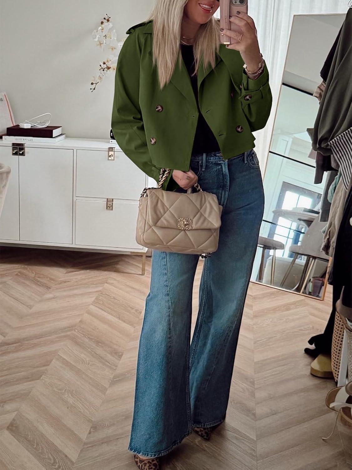 imageTankaneo Womens Cropped Trench Coat Lapel Double Breasted Short Jacket OutwearArmy Green