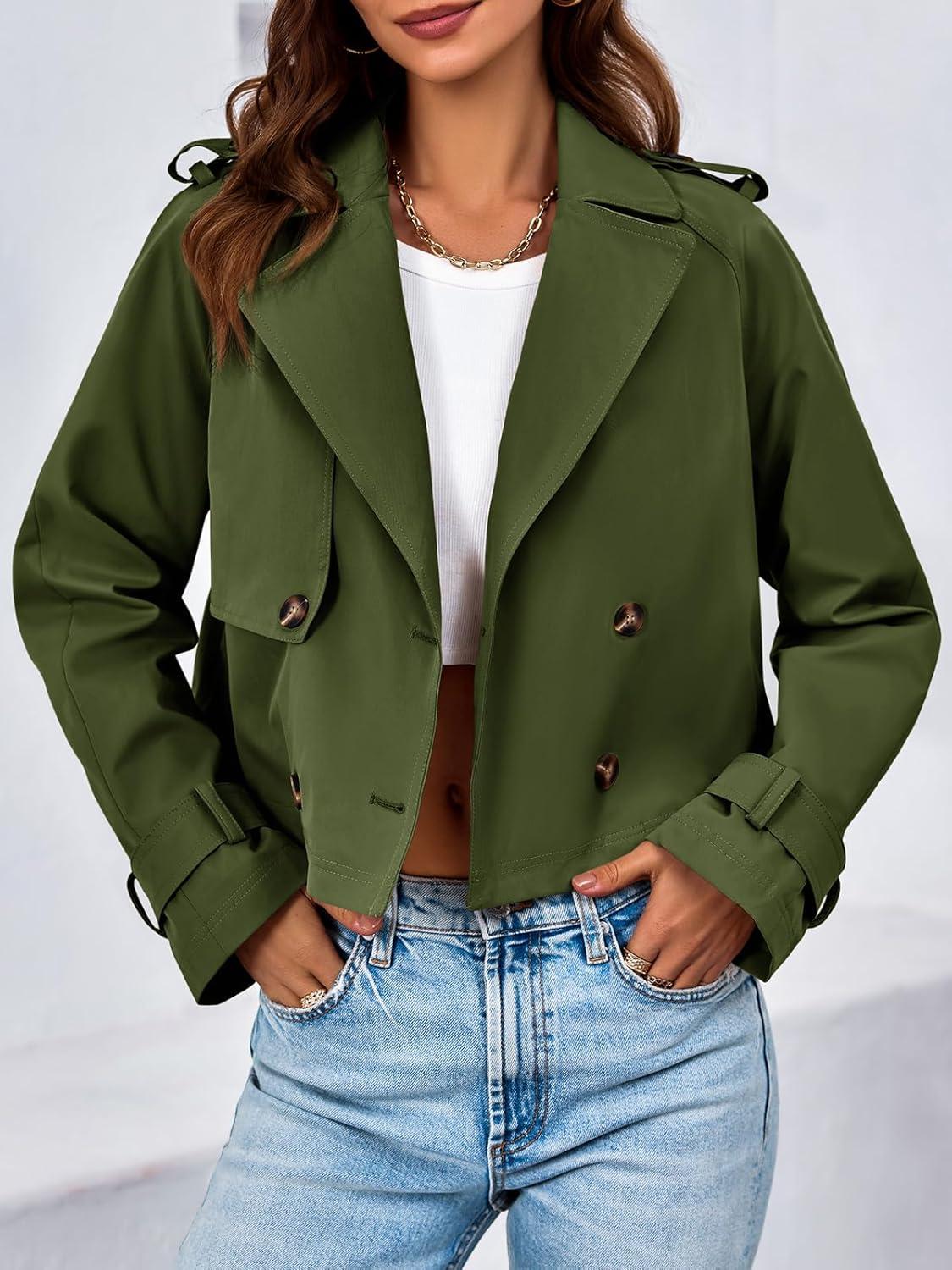 imageTankaneo Womens Cropped Trench Coat Lapel Double Breasted Short Jacket OutwearArmy Green