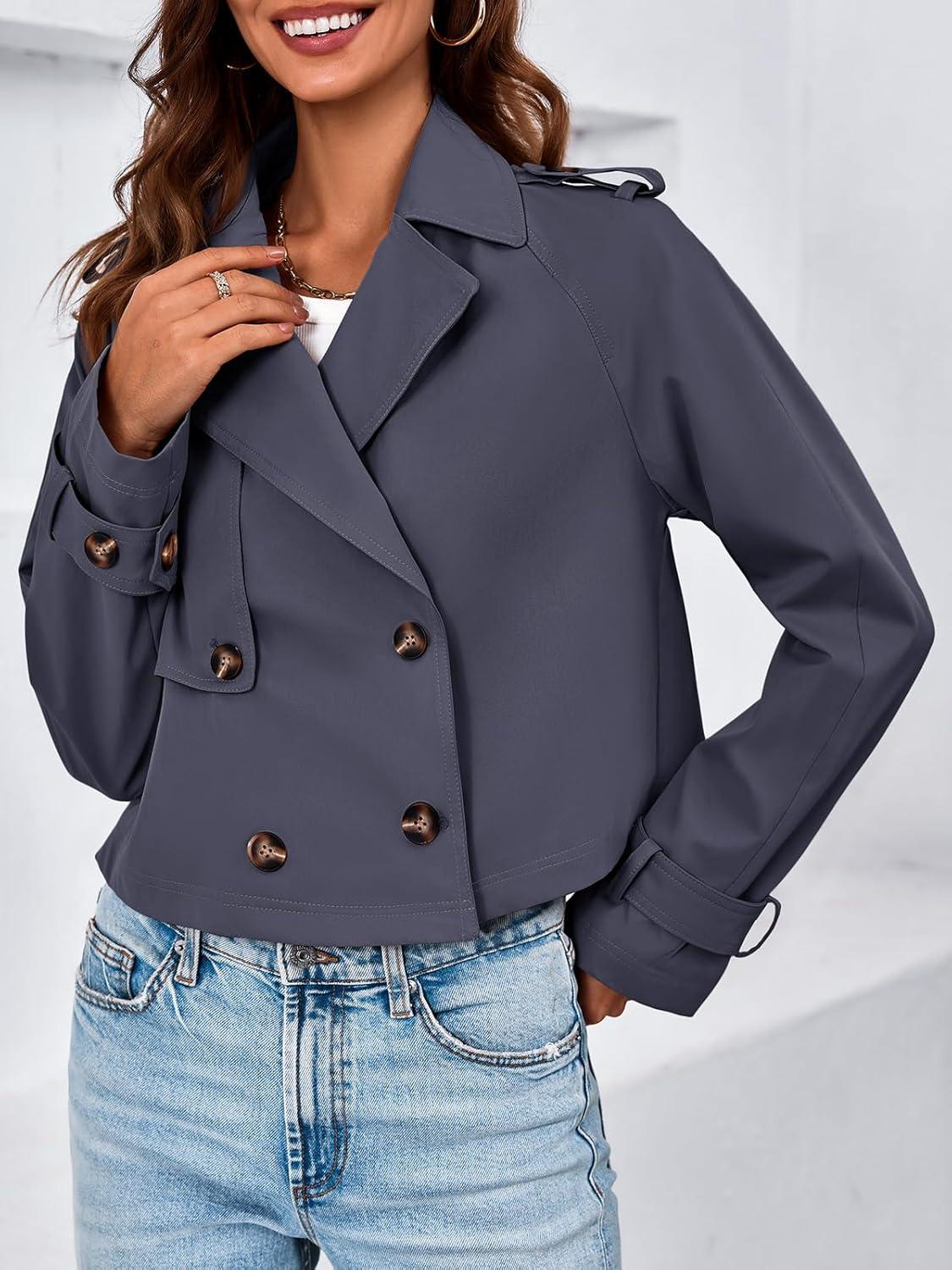 imageTankaneo Womens Cropped Trench Coat Lapel Double Breasted Short Jacket OutwearDark Grey