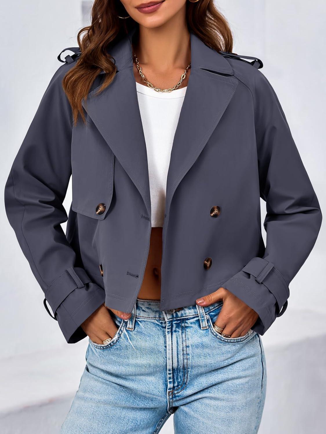 imageTankaneo Womens Cropped Trench Coat Lapel Double Breasted Short Jacket OutwearDark Grey