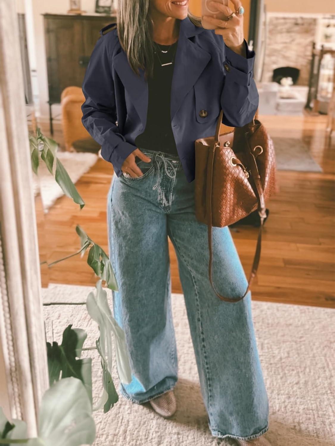 imageTankaneo Womens Cropped Trench Coat Lapel Double Breasted Short Jacket OutwearDark Grey