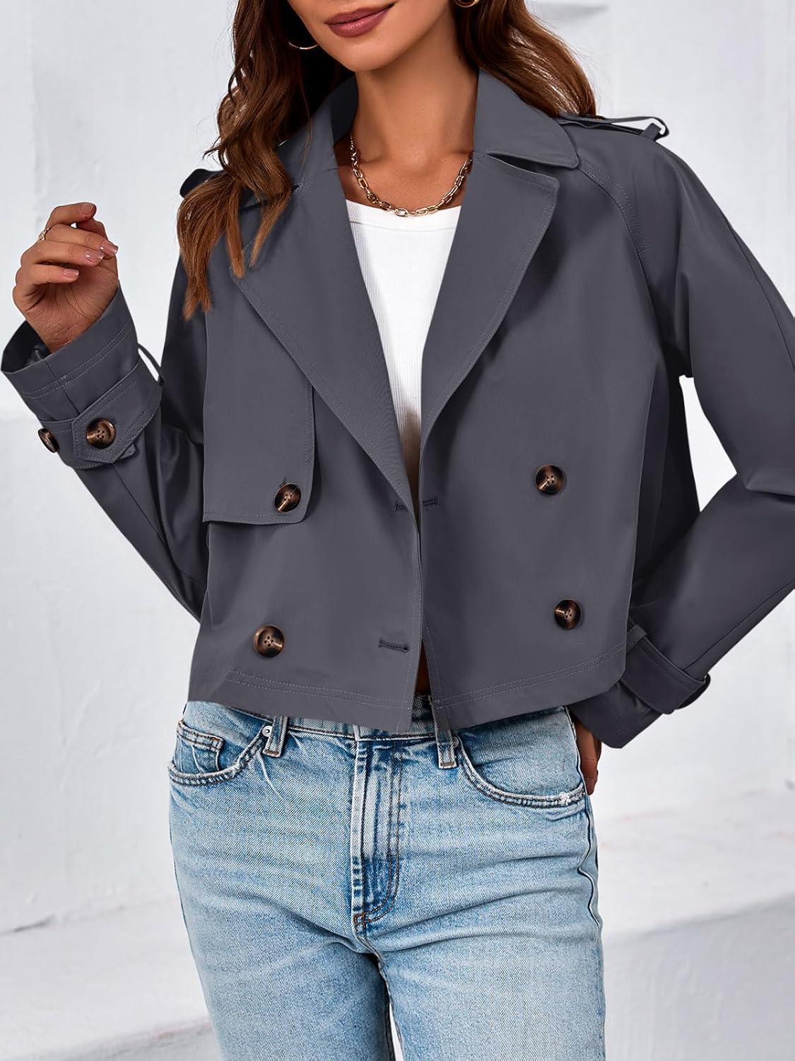 imageTankaneo Womens Cropped Trench Coat Lapel Double Breasted Short Jacket OutwearDark Grey