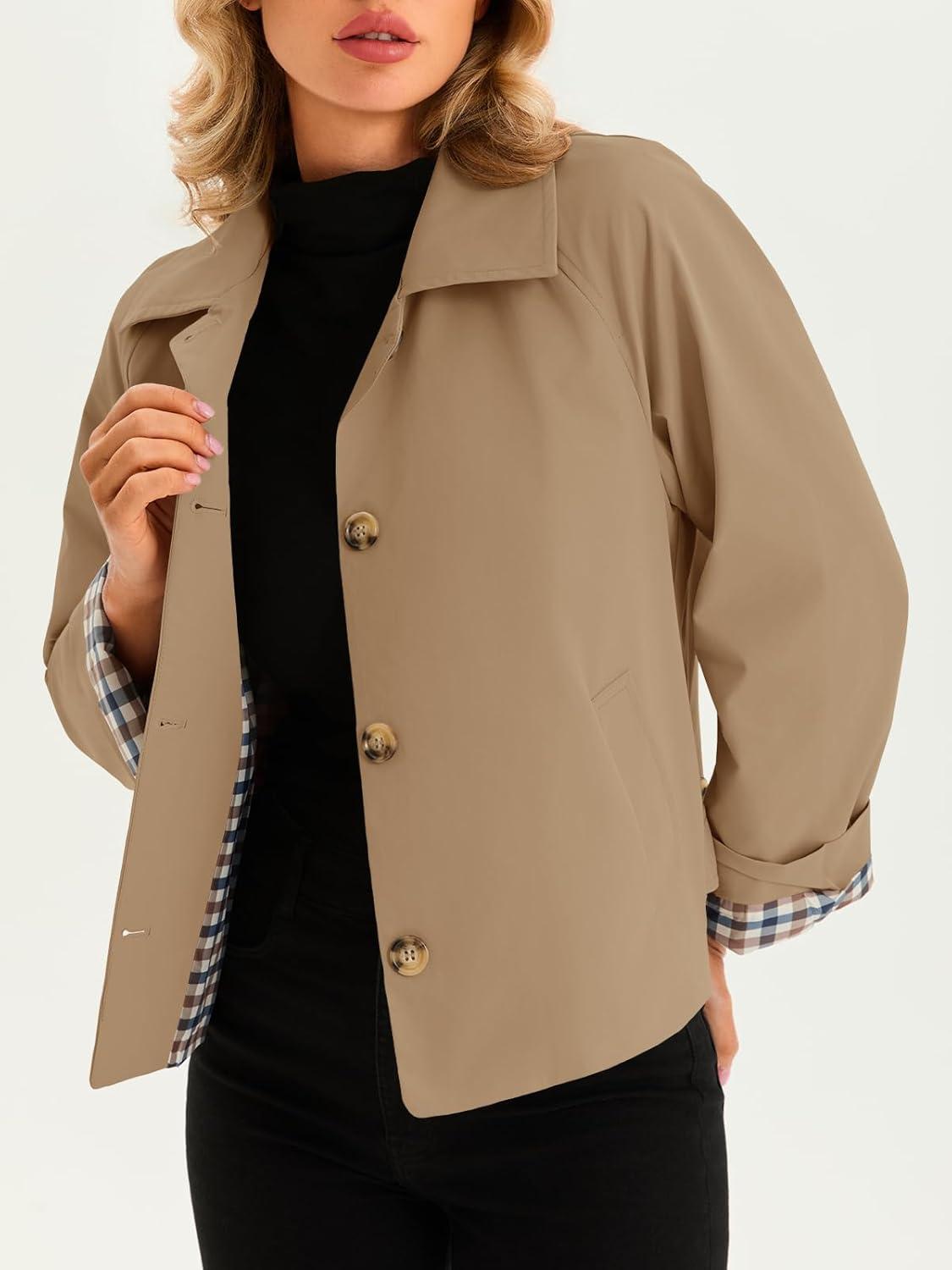 imageTankaneo Womens Cropped Trench Coat Lightweight Single Breasted Jacket Fall Windbreaker Fashion OuterwearCamel