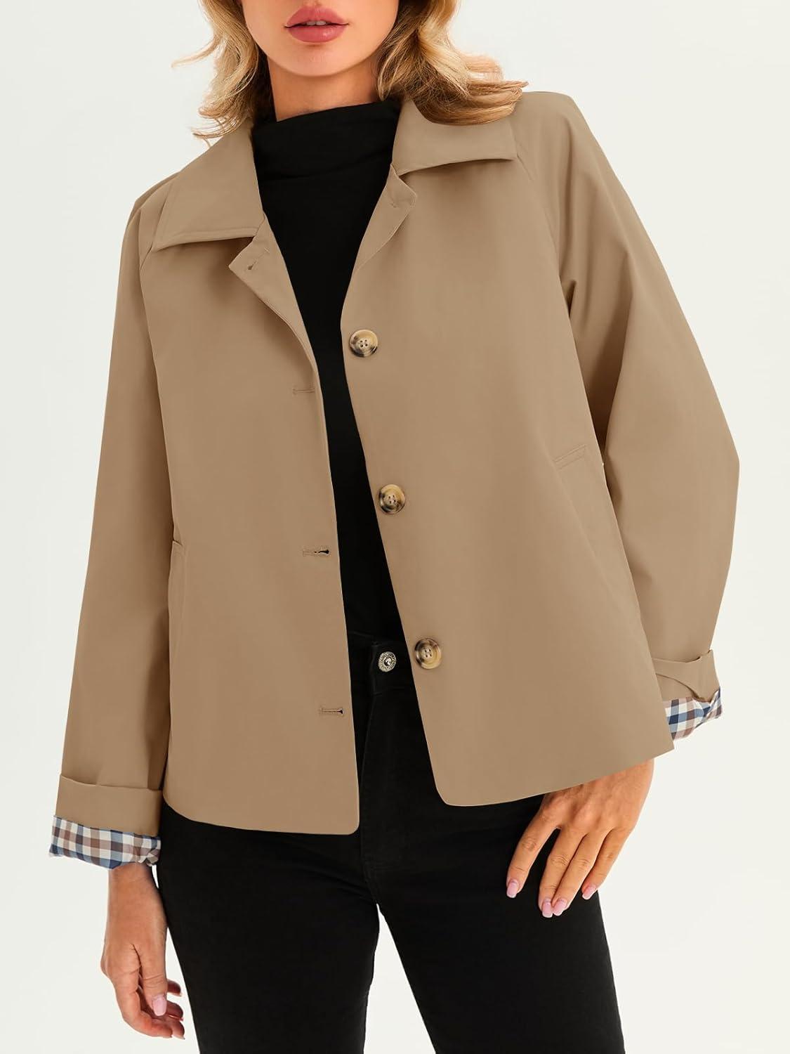 imageTankaneo Womens Cropped Trench Coat Lightweight Single Breasted Jacket Fall Windbreaker Fashion OuterwearCamel