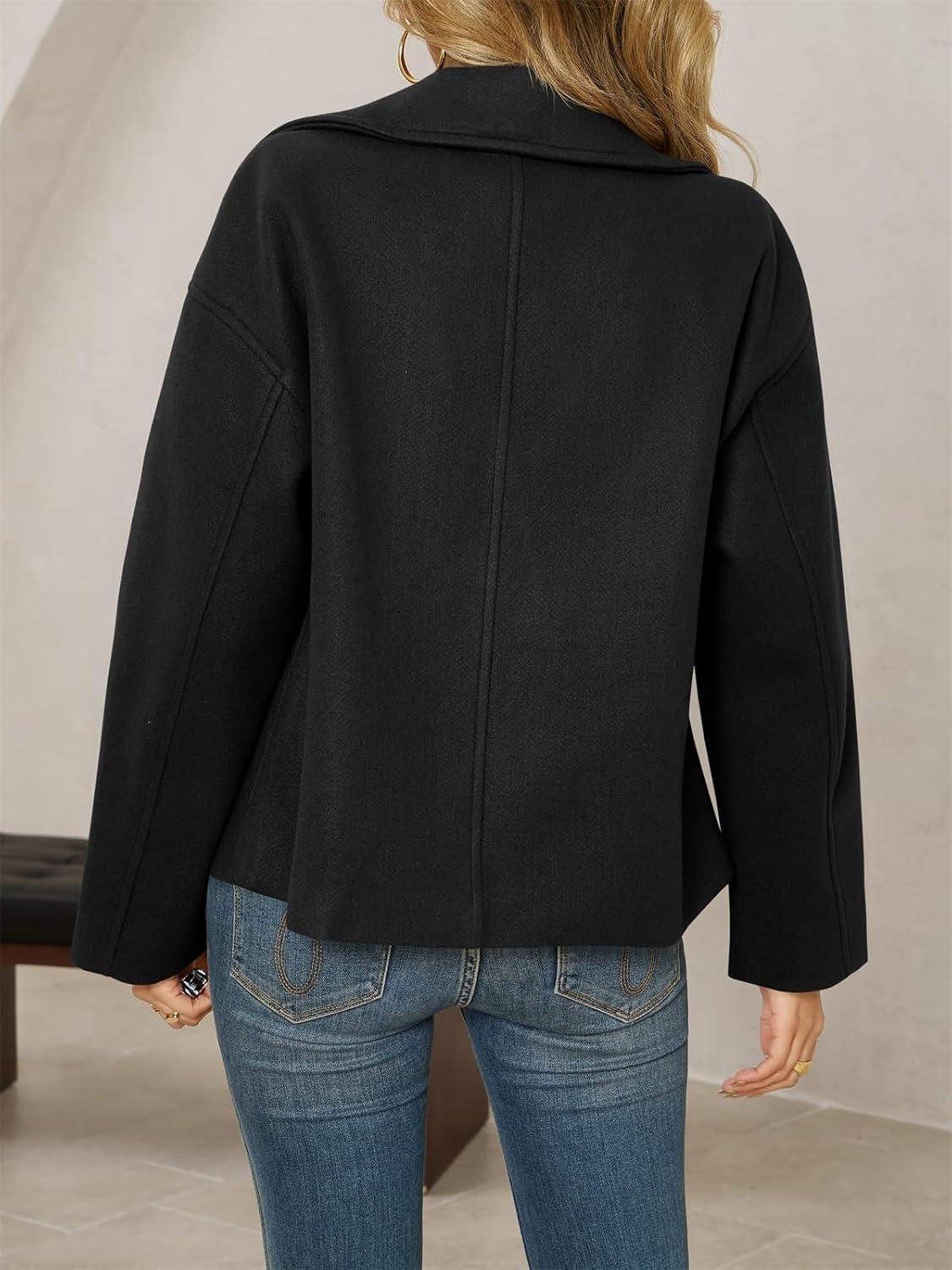 imageTankaneo Womens Cropped Wool Blend Pea Coat Casual Long Sleeve Double Breasted Notched Lapel Overcoat JacketsBlack