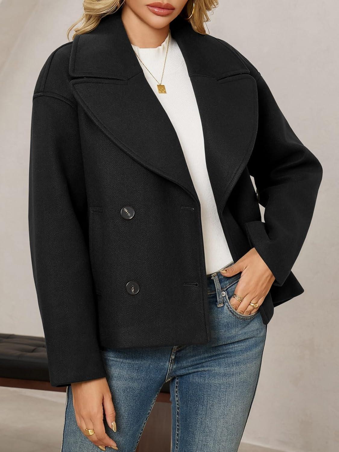 imageTankaneo Womens Cropped Wool Blend Pea Coat Casual Long Sleeve Double Breasted Notched Lapel Overcoat JacketsBlack