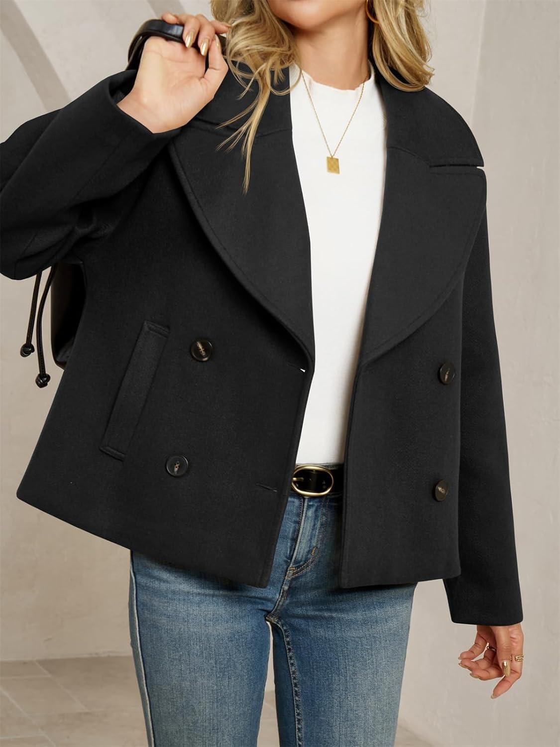 imageTankaneo Womens Cropped Wool Blend Pea Coat Casual Long Sleeve Double Breasted Notched Lapel Overcoat JacketsBlack