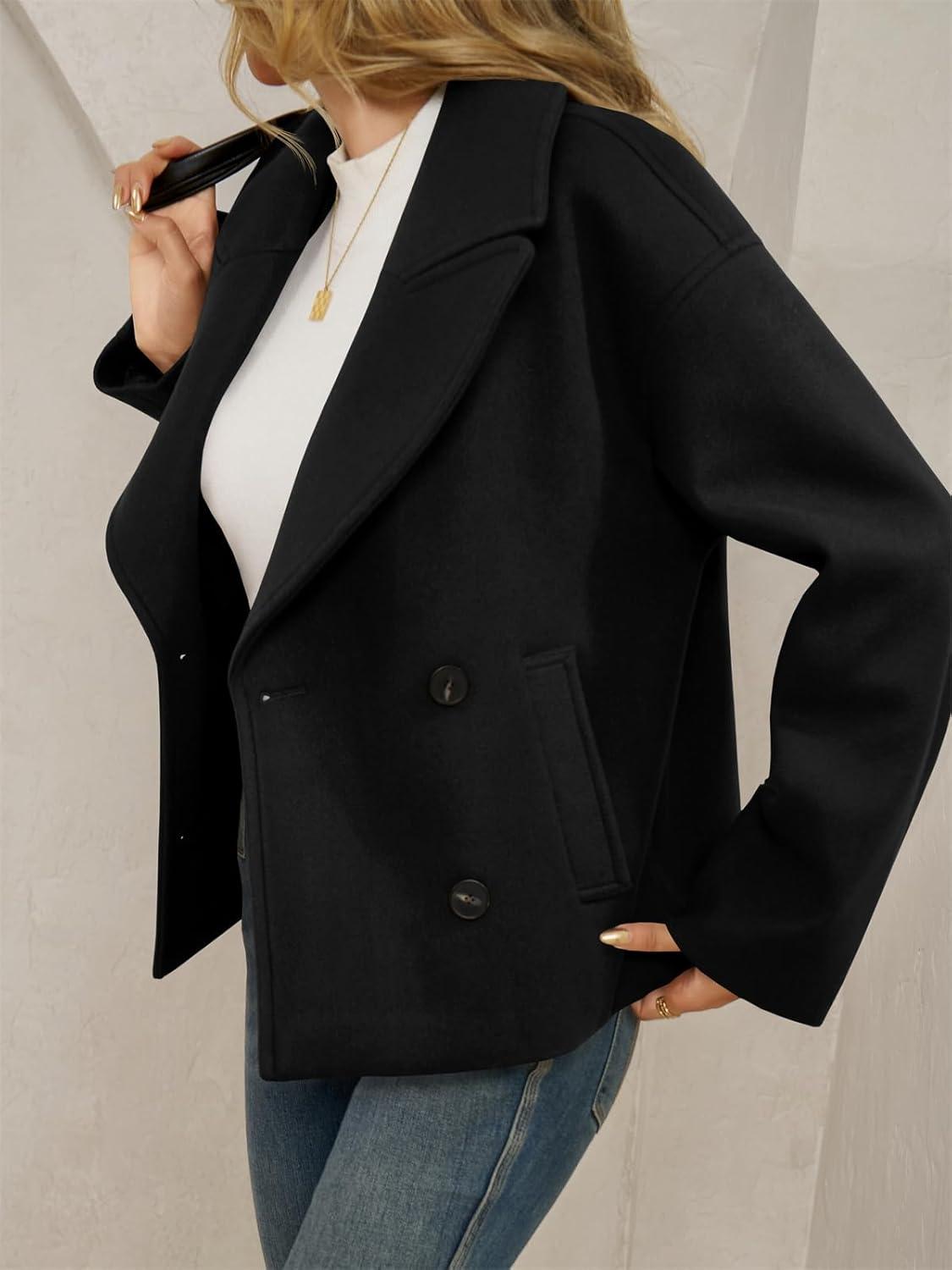 imageTankaneo Womens Cropped Wool Blend Pea Coat Casual Long Sleeve Double Breasted Notched Lapel Overcoat JacketsBlack