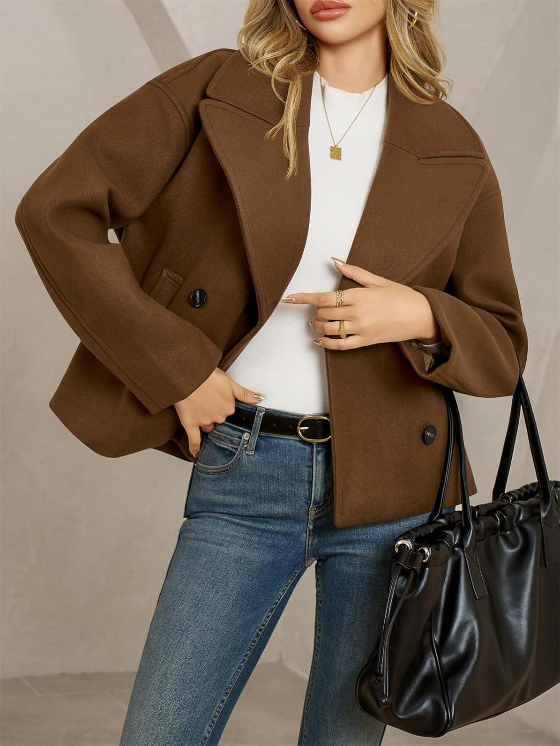 imageTankaneo Womens Cropped Wool Blend Pea Coat Casual Long Sleeve Double Breasted Notched Lapel Overcoat JacketsBrown