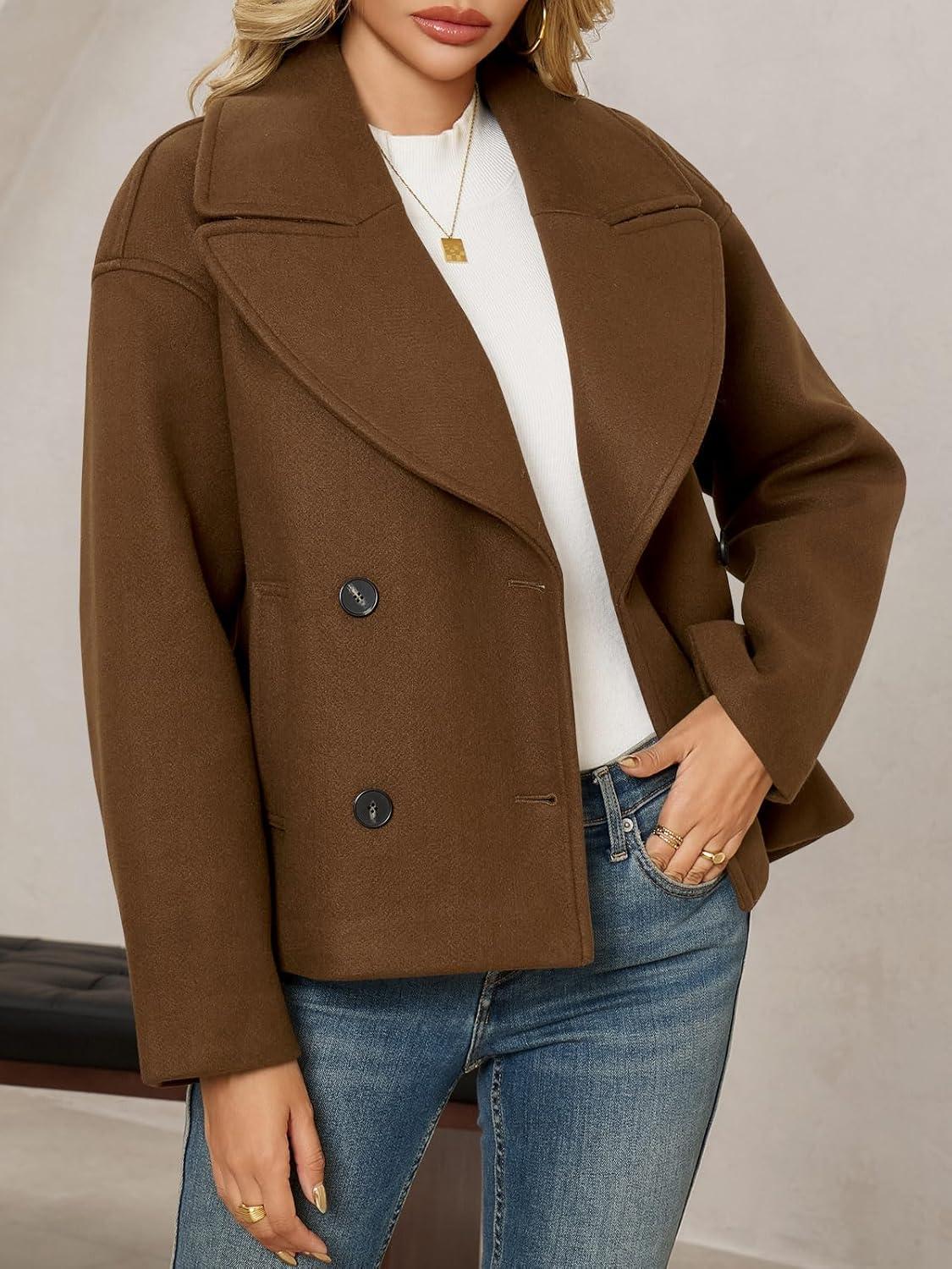 imageTankaneo Womens Cropped Wool Blend Pea Coat Casual Long Sleeve Double Breasted Notched Lapel Overcoat JacketsBrown