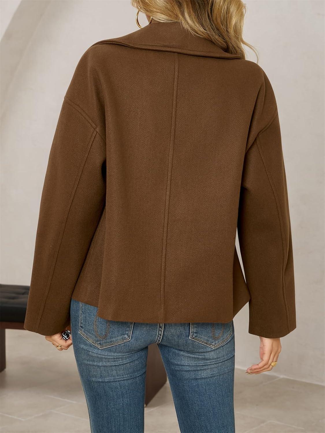 imageTankaneo Womens Cropped Wool Blend Pea Coat Casual Long Sleeve Double Breasted Notched Lapel Overcoat JacketsBrown