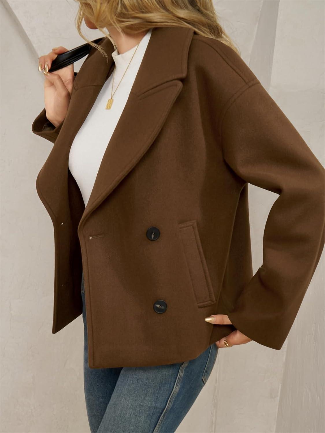 imageTankaneo Womens Cropped Wool Blend Pea Coat Casual Long Sleeve Double Breasted Notched Lapel Overcoat JacketsBrown