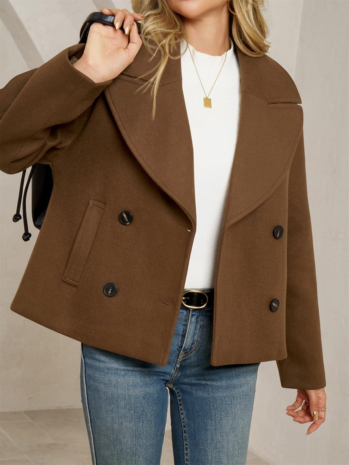 imageTankaneo Womens Cropped Wool Blend Pea Coat Casual Long Sleeve Double Breasted Notched Lapel Overcoat JacketsBrown