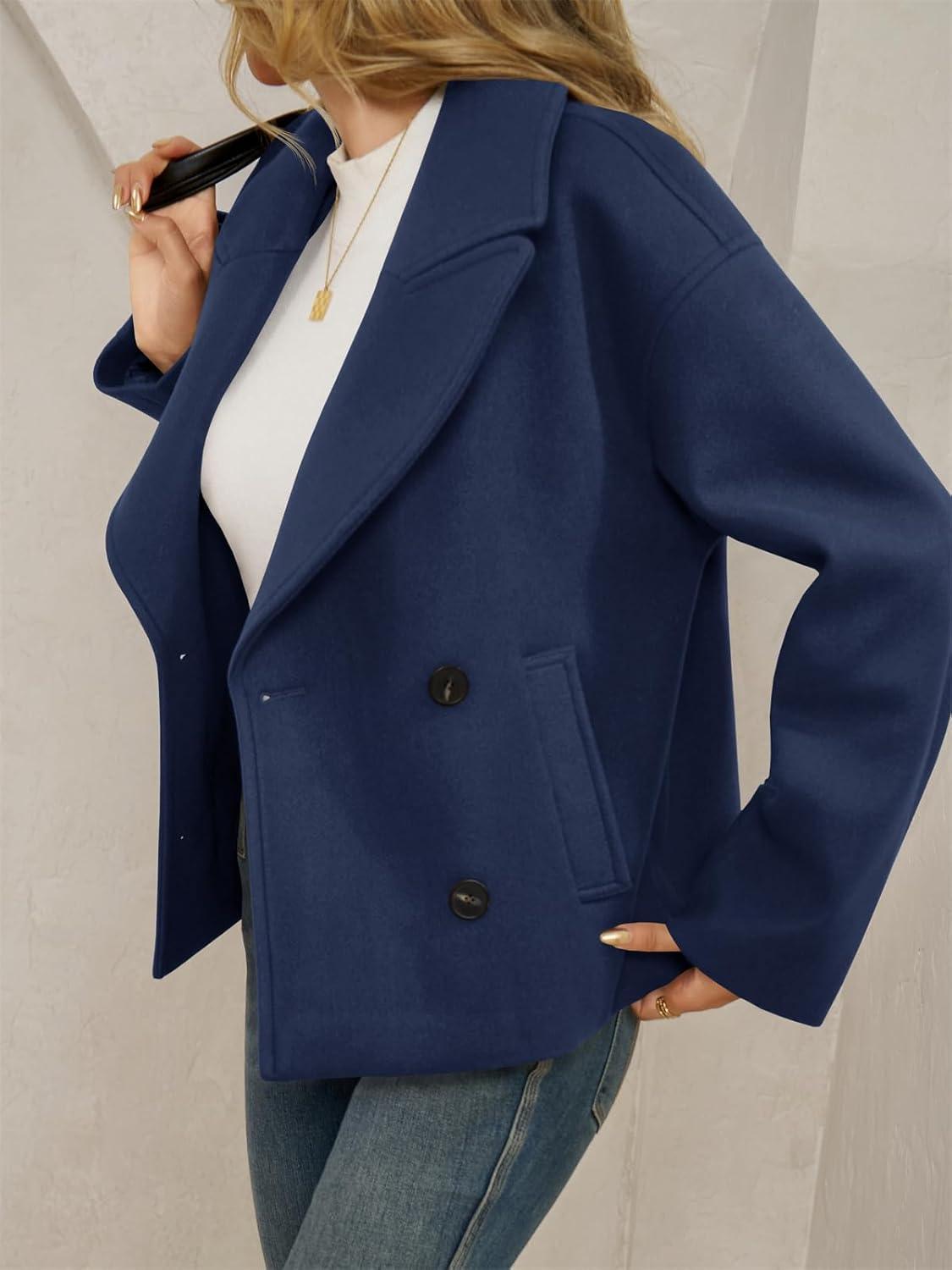 imageTankaneo Womens Cropped Wool Blend Pea Coat Casual Long Sleeve Double Breasted Notched Lapel Overcoat JacketsNavy