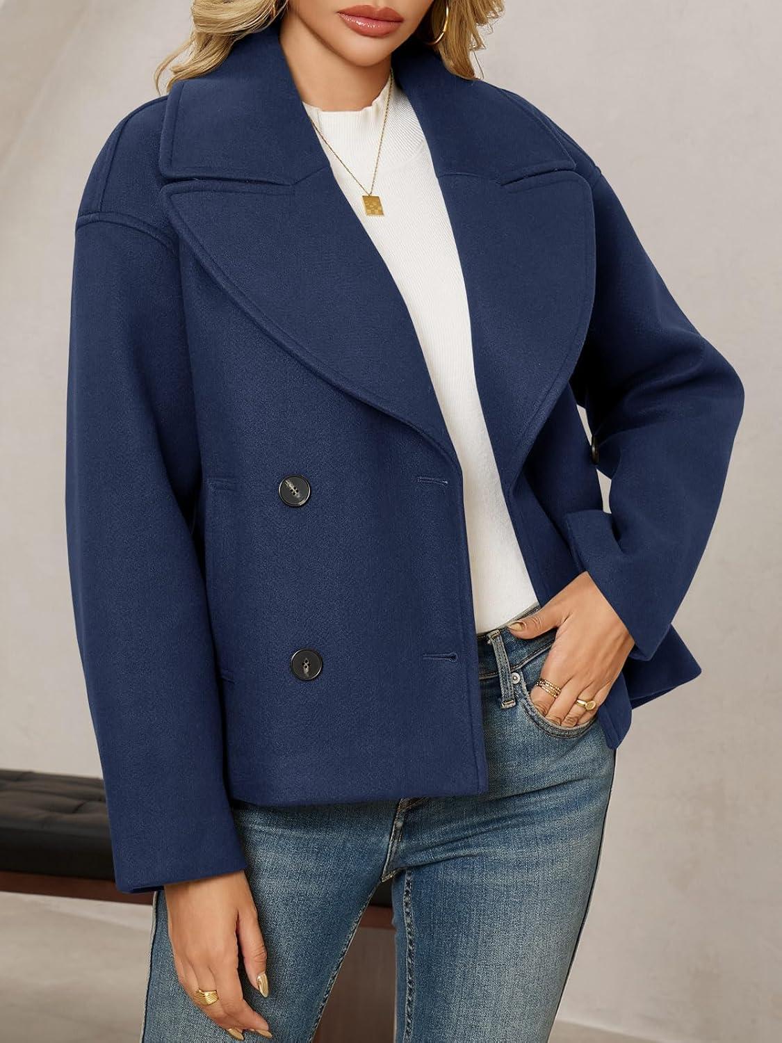 imageTankaneo Womens Cropped Wool Blend Pea Coat Casual Long Sleeve Double Breasted Notched Lapel Overcoat JacketsNavy