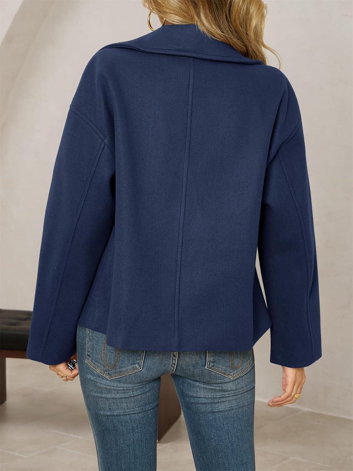 imageTankaneo Womens Cropped Wool Blend Pea Coat Casual Long Sleeve Double Breasted Notched Lapel Overcoat JacketsNavy