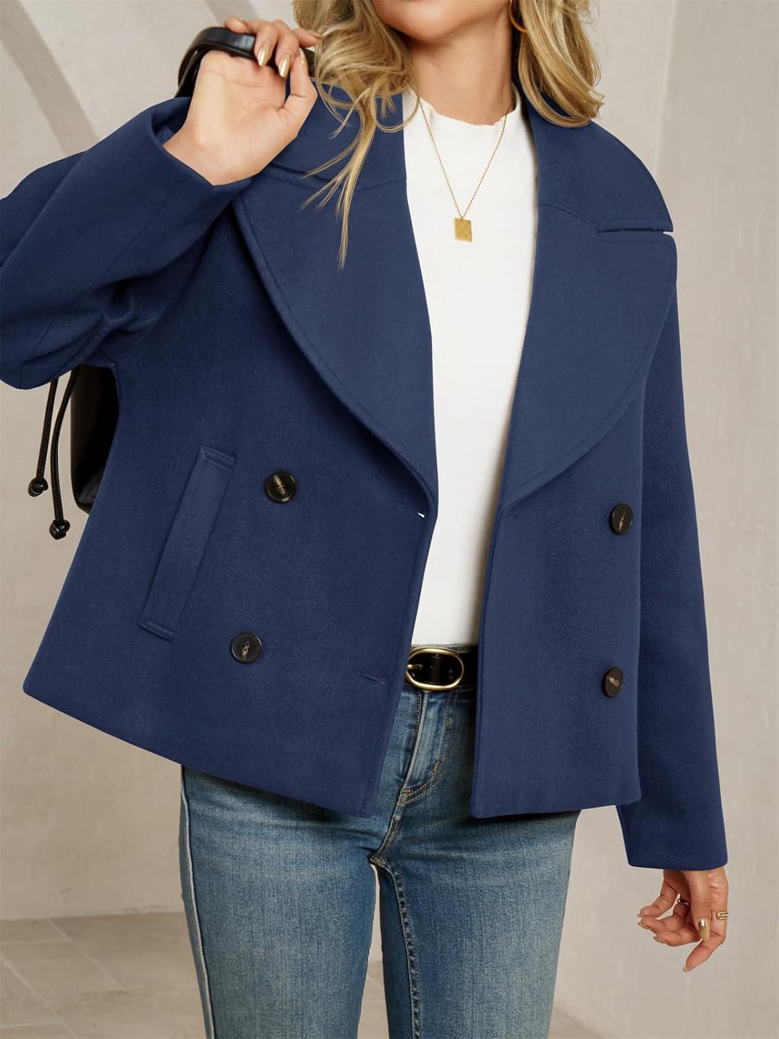 imageTankaneo Womens Cropped Wool Blend Pea Coat Casual Long Sleeve Double Breasted Notched Lapel Overcoat JacketsNavy
